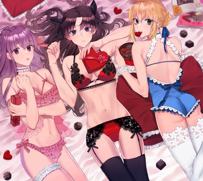 3girls :< artoria_pendragon ass ass_visible_through_thighs back back_view bed_sheet black_hair blonde_hair blue_eyes blush box box_of_chocolates breasts chocolate chocolate_bar collar fate/stay_night fate_(series) female female_only food_in_mouth green_eyes heart heart_shaped_box human leotard lingerie looking_at_viewer lying lying_on_pillow magazine matou_sakura medium_breasts mouth_hold multiple_girls navel panties pillow purple_eyes purple_hair red_panties red_pillow ribbon saber shimatori_(sanyyyy) sisters string_bra string_panties striped_panties tohsaka_rin twintails underwear underwear_only valentine white_legwear