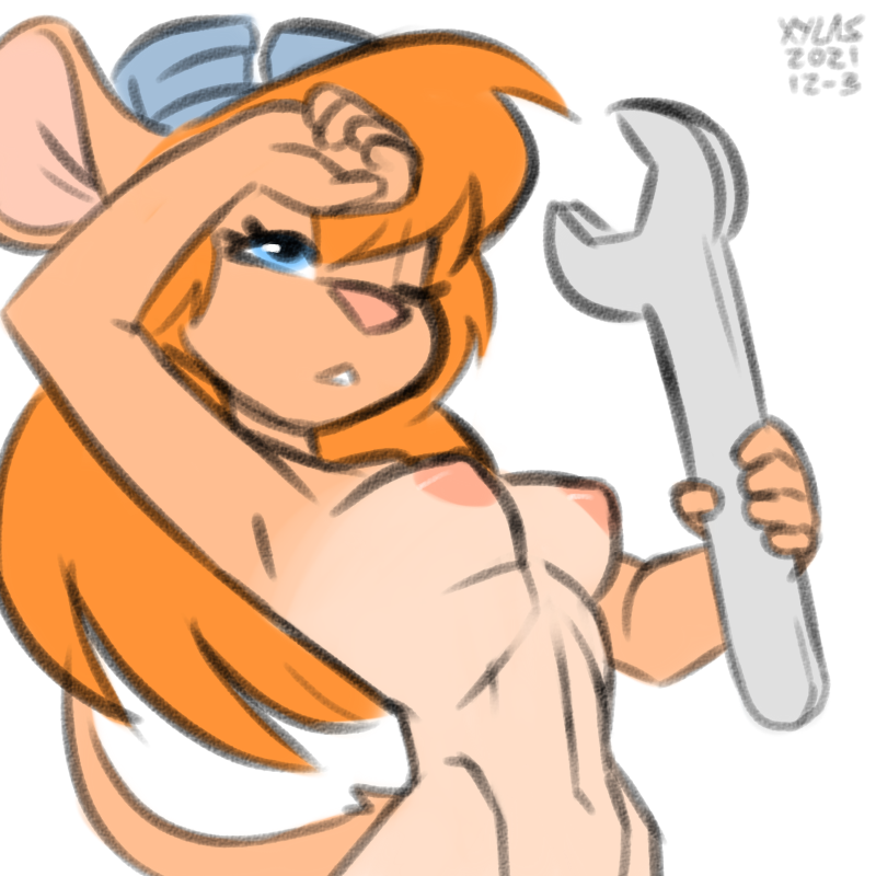 anthro breasts chip_'n_dale_rescue_rangers disney eyewear eyewear_on_head female gadget_hackwrench goggles goggles_on_head holding_object mammal mouse mouse_ears murid murine nipples nude rodent signature solo suntan tan_line text tools wrench xylas