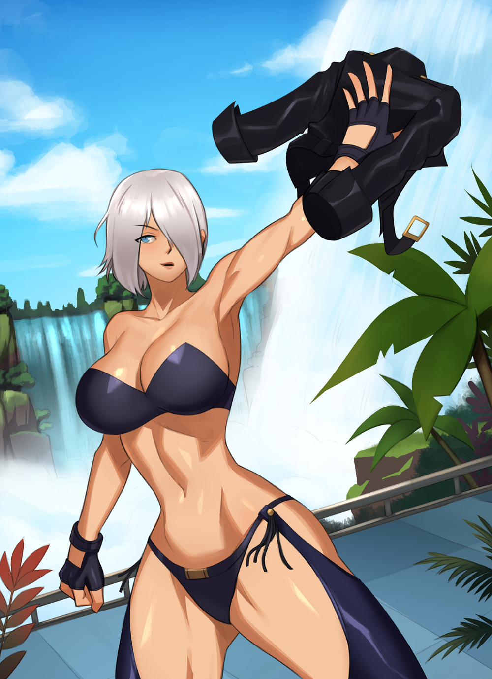 1girls, 2021, angel (kof), bare midriff, bare shoulders, barleyshake, big breasts, blue eyes, breasts, cleavage, female, fingerless gloves, hair over one eye, king of fighters, short hair, silver hair, snk, solo, solo female, tagme, thick thighs