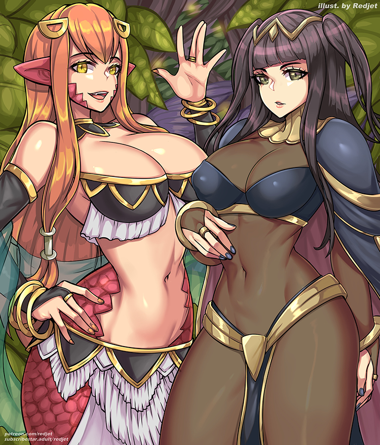 2girls, athletic, athletic female, bangs, bare midriff, black hair, blue nails, bodystocking, breasts, cape, cleavage, crossover, female, female only, fire emblem, fire emblem awakening, green eyes, large breasts, long hair, looking at viewer, masturbation, midriff, miia's mother, monster girl, monster musume no iru nichijou, multiple females, multiple girls, nail polish, nintendo, open clothes, orange hair, orange nails, pelvic curtain, redjet, smile, tharja (fire emblem), thighs, very long hair, waving, waving hand, yellow eyes