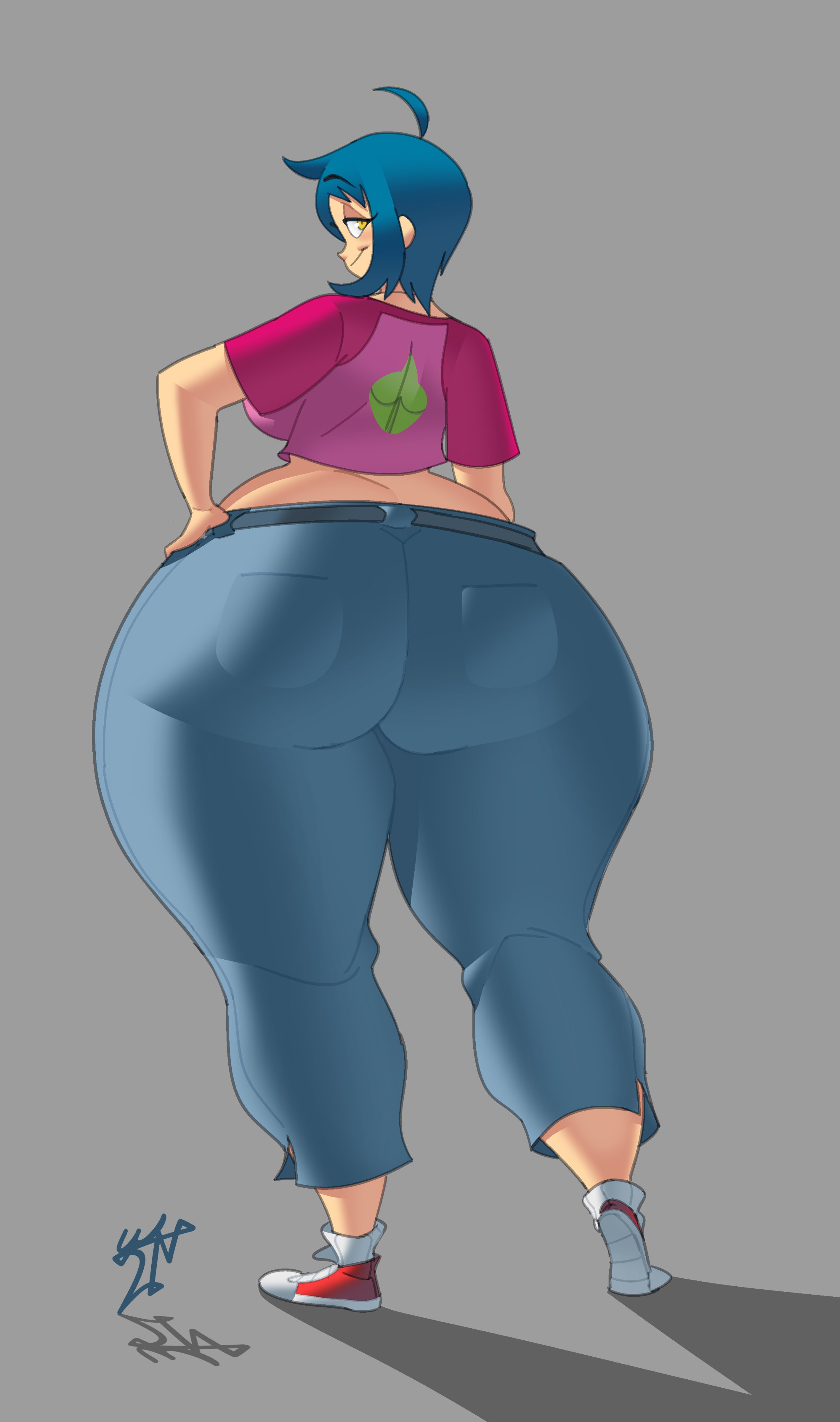 1girls, ass, ass cleavage, ass crack, ass focus, big ass, blue hair, boris grim, bottom heavy, butt crack, fat ass, female, female focus, female only, hand on hip, huge ass, huge hips, huge thighs, hyper, hyper ass, jeans, k, long legs, looking at viewer, looking back, looking back at viewer, massive ass, round ass, smile, solo, thick ass, thick thighs, tight clothing, tight jeans, tight pants, wide hips