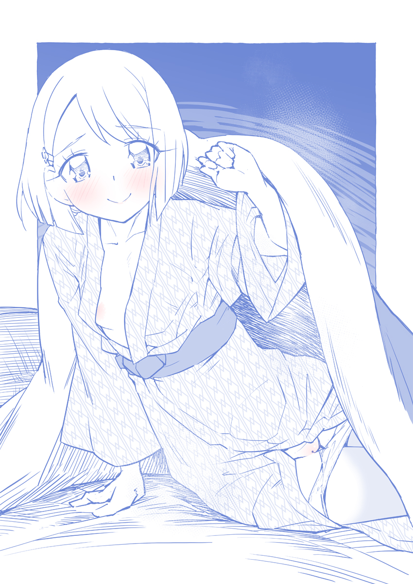 arm_support bangs bath_yukata bed_sheet blue_theme blush breasts closed_mouth clothing female flat_chest futon hair_ornament hairclip hanadera_nodoka healin'_good_precure highres japanese_clothes kimono leaning_to_the_side looking_at_viewer miyagoe_yoshitsuki monochrome on_bed panties panty_pull precure pretty_cure pussy sash short_hair small_breasts smile solo spot_color swept_bangs under_covers underwear yukata