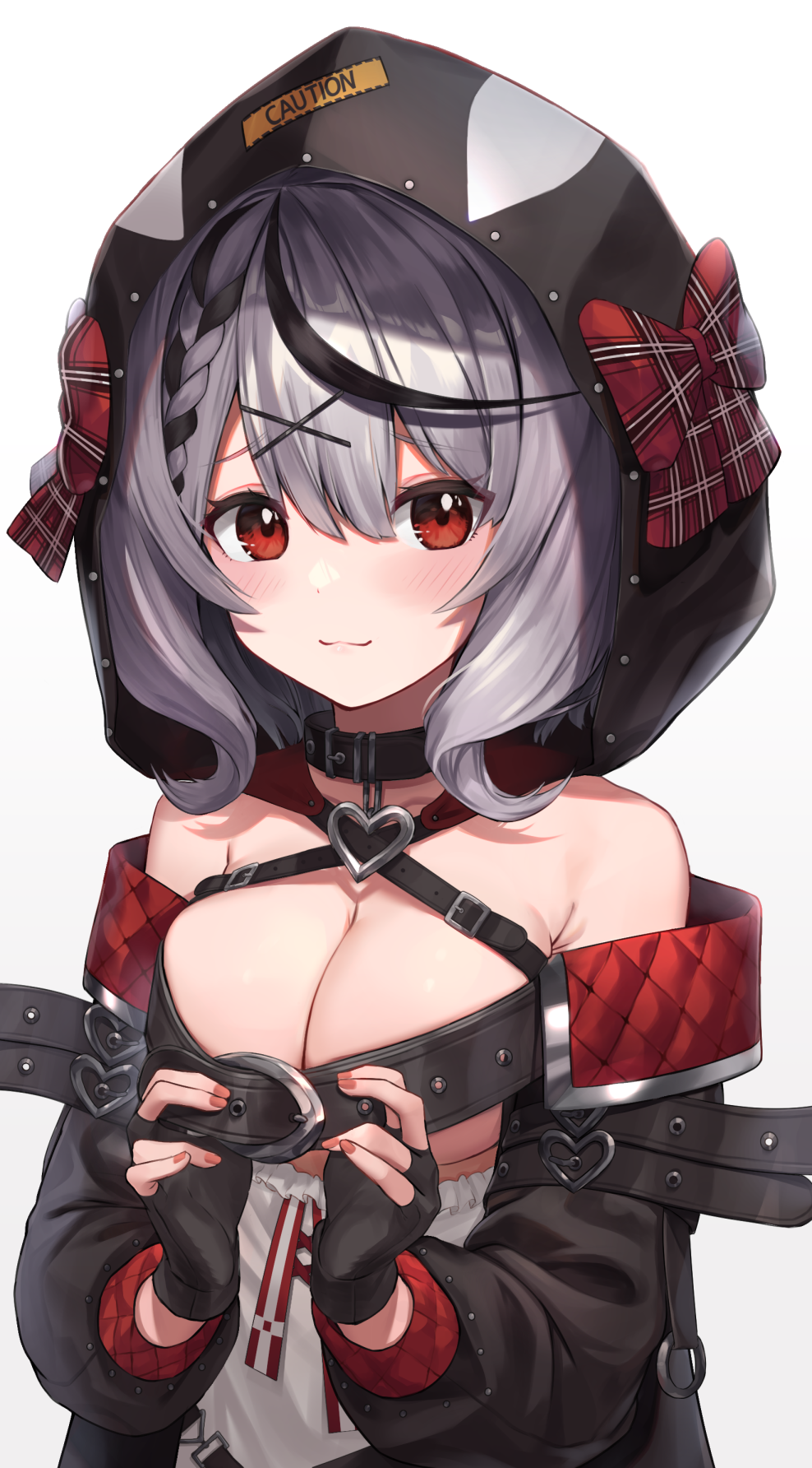 1girls :3 bangs bare_shoulders belt black_hair blush bow braid breasts cleavage closed_mouth collar eyebrows_visible_through_hair female fingerless_gloves gloves grey_hair hair_ornament hairclip highres hololive hololive_japan holox looking_at_viewer medium_breasts medium_hair multicolored_hair multiple_belts orca_hood plaid plaid_bow raised_eyebrows red_eyes red_nails sakamata_chloe simple_background streaked_hair two-tone_hair upper_body virtual_youtuber white_background