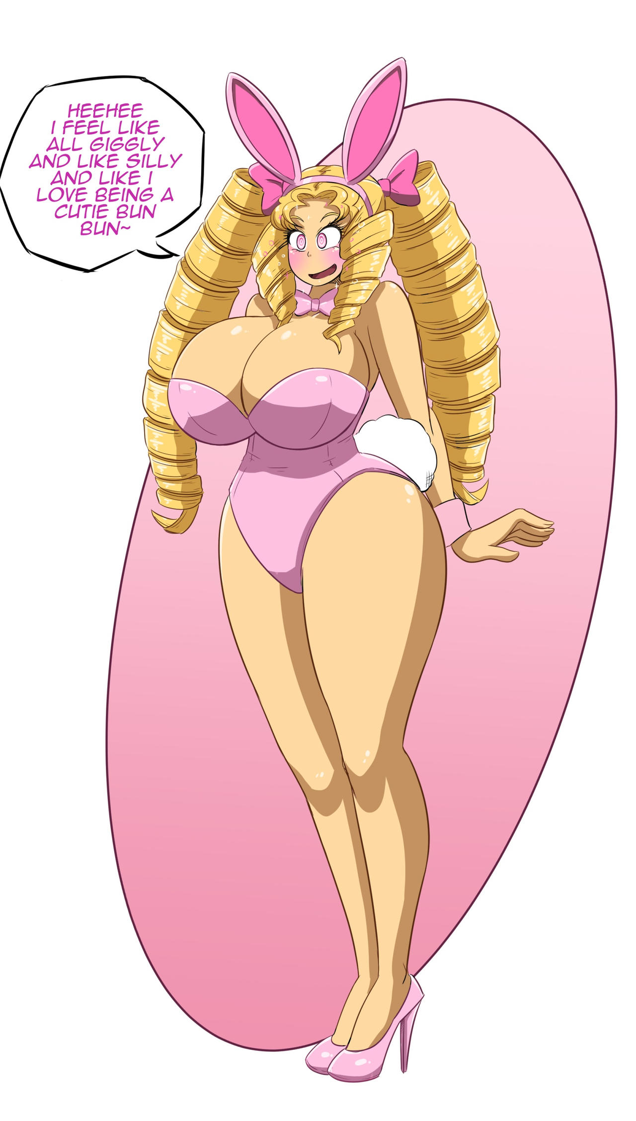 bimbo bimbofication breast_expansion bunny_ears bunny_tail bunnysuit caelia cleavage drill_hair high_heels huge_breasts hypnosis kobi-tfs original tan thick_thighs wide_hips