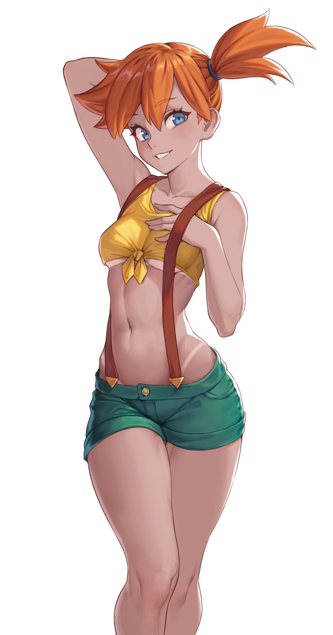 1girls, 2020, 2020s, 2d, 2d (artwork), asymmetrical hair, bangs, blue eyes, breasts, cheshirrr, clavicle, clothing, crop top, denim, denim shorts, eyebrows visible through hair, eyelashes, female, green shorts, hair between eyes, hair tie, hand behind head, hand on chest, high resolution, kasumi (pokemon), knees, long legs, looking at viewer, midriff, misty (pokemon), navel, nintendo, one arm up, orange hair, pokemon, pokemon character, pokemon rgby, ponytail, pose, posing, shirt, short hair, shorts, side ponytail, simple background, smile, solo, suspenders, tank top, tanlines, tanned, teeth, thighs, tied hair, tomboy, very high resolution, white background, wide hips, yellow shirt, yellow tank top
