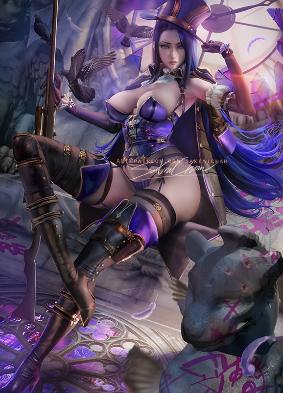 1girls, breasts, caitlyn kiramman, cleavage, female, female only, league of legends, looking at viewer, pinup, sakimichan, solo, thighhighs