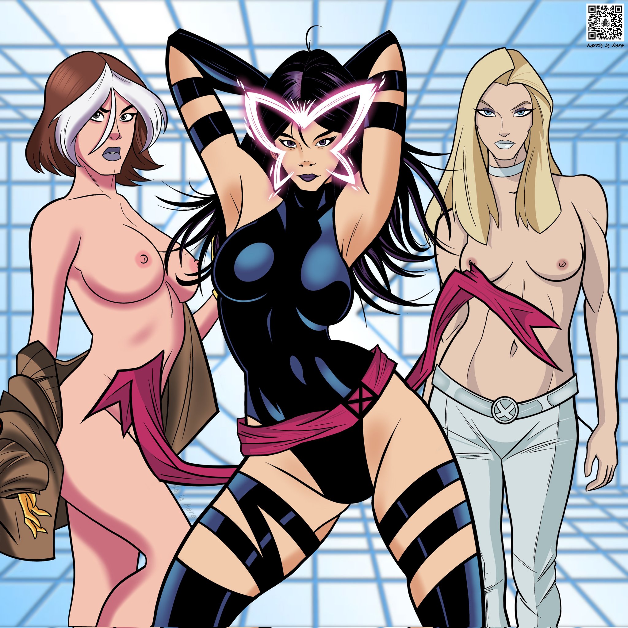 3girls, anna marie, asian female, blonde hair, blue eyes, breasts, brown hair, emma frost, female, female only, harrisartz, looking at viewer, marvel, marvel comics, nipples, psylocke (kwannon), rogue (evolution), rogue (x-men), straight hair, stripping, topless, topless female, white queen, wolverine and the x-men, x-men, x-men evolution
