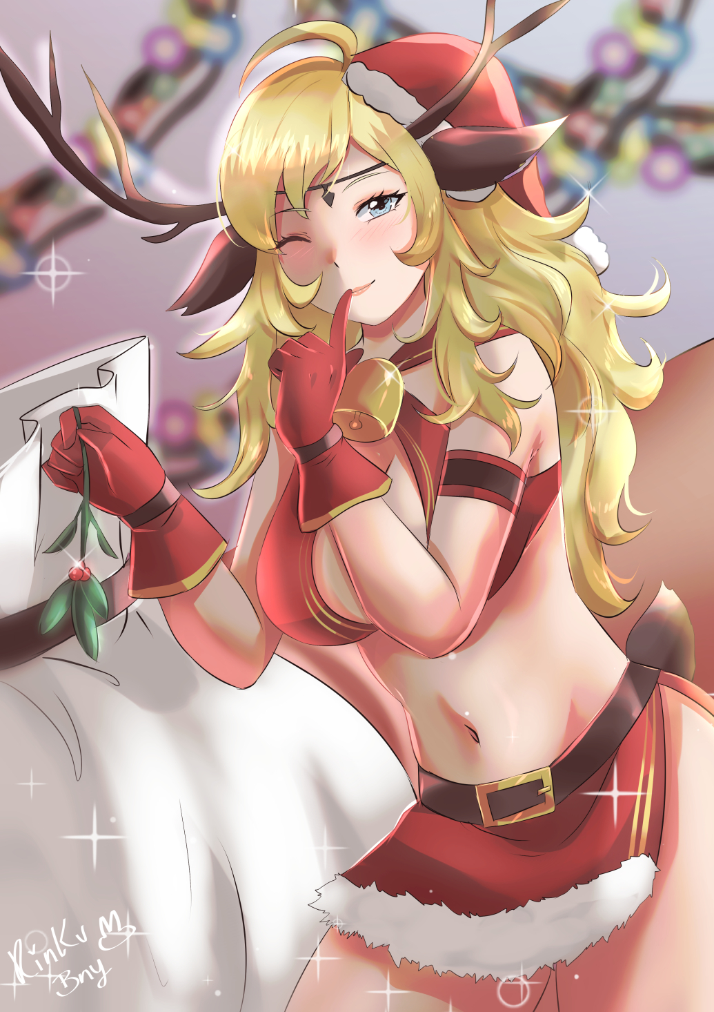 1girls ;) alternate_costume antlers bangs bell belt blonde_hair blue_eyes breasts christmas christmas_outfit circlet female female_only finger_to_mouth fire_emblem fire_emblem_fates gift_bag gloves hat highres large_breasts leather_belt long_hair looking_at_viewer mistletoe navel neck_bell nintendo one_eye_closed ophelia_(fire_emblem) reindeer_antlers revealing_clothes rinku_bny sack santa_hat shushing smile thighs upper_body