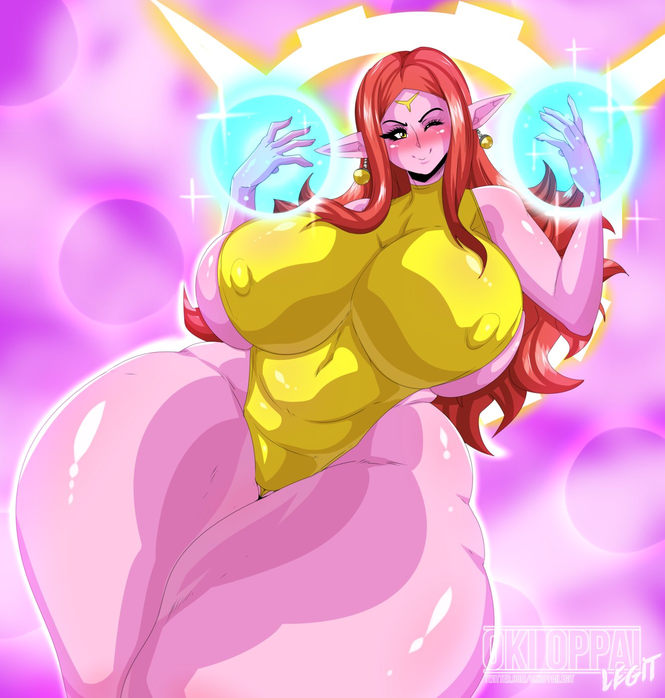 big_breasts big_thighs breasts chronoa dragon_ball dragon_ball_heroes earrings female female_focus goddess hips huge_breasts huge_thighs large_breasts large_thighs leotard long_hair nipple_bulge okioppai pointy_ears potara_earrings red_hair shounen_jump sideboob solo solo_female super_dragon_ball_heroes supreme_kai supreme_kai_of_time thick_thighs thighs time_power_unleashed_form_(dragon_ball) watermark wide_hips wink winking