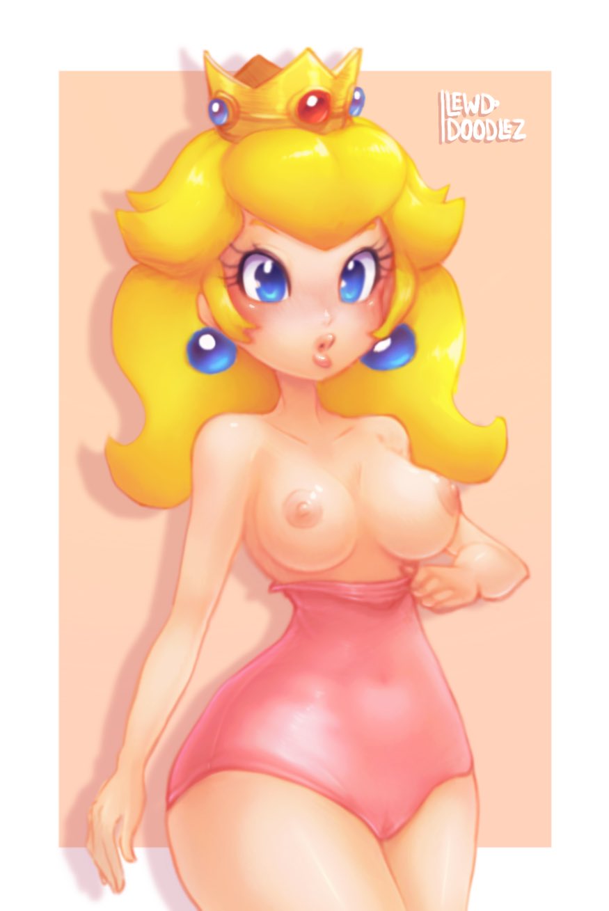 :o artist_name blonde_hair blue_eyes blush breasts cameltoe commentary covered_navel crown earrings eyelashes female highres jewelry leotard leotard_pull lewddoodlez lips mario_(series) medium_breasts nintendo nipples pink_leotard princess_peach simple_background strapless strapless_leotard thick_thighs thin_waist wide_hips