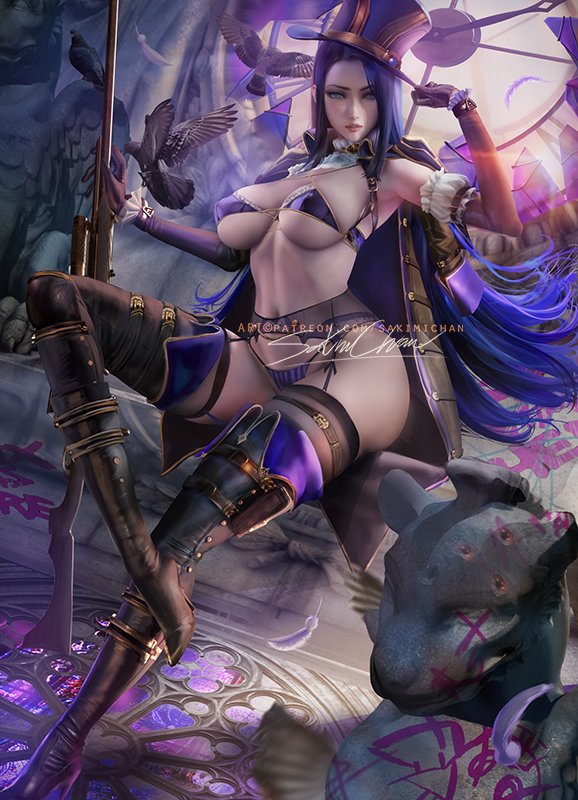 1girls, breasts, caitlyn kiramman, cleavage, female, female only, league of legends, looking at viewer, pinup, sakimichan, solo, thighhighs