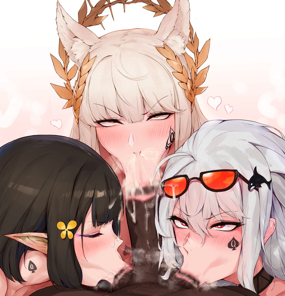 1boy 3girls :>= ahoge animal_ear_fluff animal_ears arknights ball_sucking balls bangs black_hair brown_eyes choker closed_eyes collaborative_fellatio cum cum_in_mouth cum_in_nose cum_inside cum_on_sunglasses dark-skinned_male dark_skin eunectes_(arknights) eyebrows_visible_through_hair eyewear_on_head fellatio fffm_foursome flower foursome hair_between_eyes hair_flower hair_ornament heart hearts heavy_breathing horse_ears interracial laserflip laurel_crown licking_testicles light-skinned_female light_skin long_hair looking_at_viewer male_pov male_pubic_hair movement multiple_fellatio multiple_girls oral out_of_frame paid_reward penetrating_pov penis platinum_(arknights) pointy_ears pov pubic_hair queen_of_spades red_eyes rolling_eyes rosaline saliva short_hair sidelocks silver_hair skadi_(arknights) spade straight stray_pubic_hair sunglasses sunglasses_on_head tattoo teamwork testicle_sucking testicles tinted_eyewear uncensored whale_hair_ornament white_hair yellow_flower