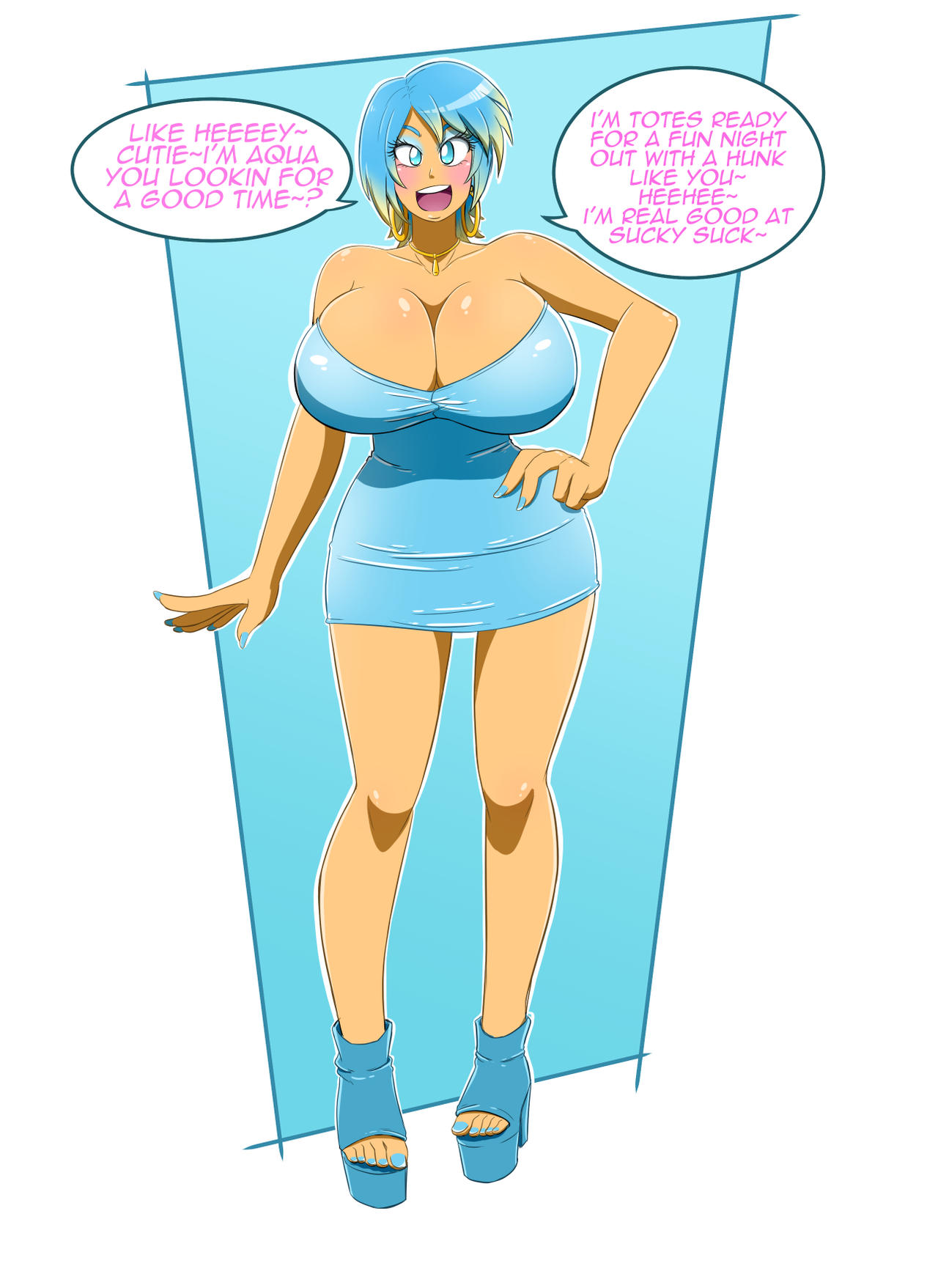 1girls, after transformation, aqua (kingdom hearts), ass, bimbo, bimbofication, blue hair, breasts, disney, dress, female, high heels, huge ass, huge breasts, kingdom hearts, kobi-tfs, large ass, post-transformation, short dress, solo, square enix, tan, thick lips, thick thighs, tight dress, transformation, wide hips