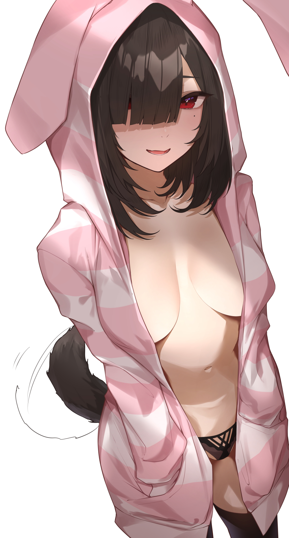 bangs, blush, breasts, brown hair, female, highres, large breasts, long hair, long sleeves, looking at viewer, navel, open mouth, original, smile, solo, yaman