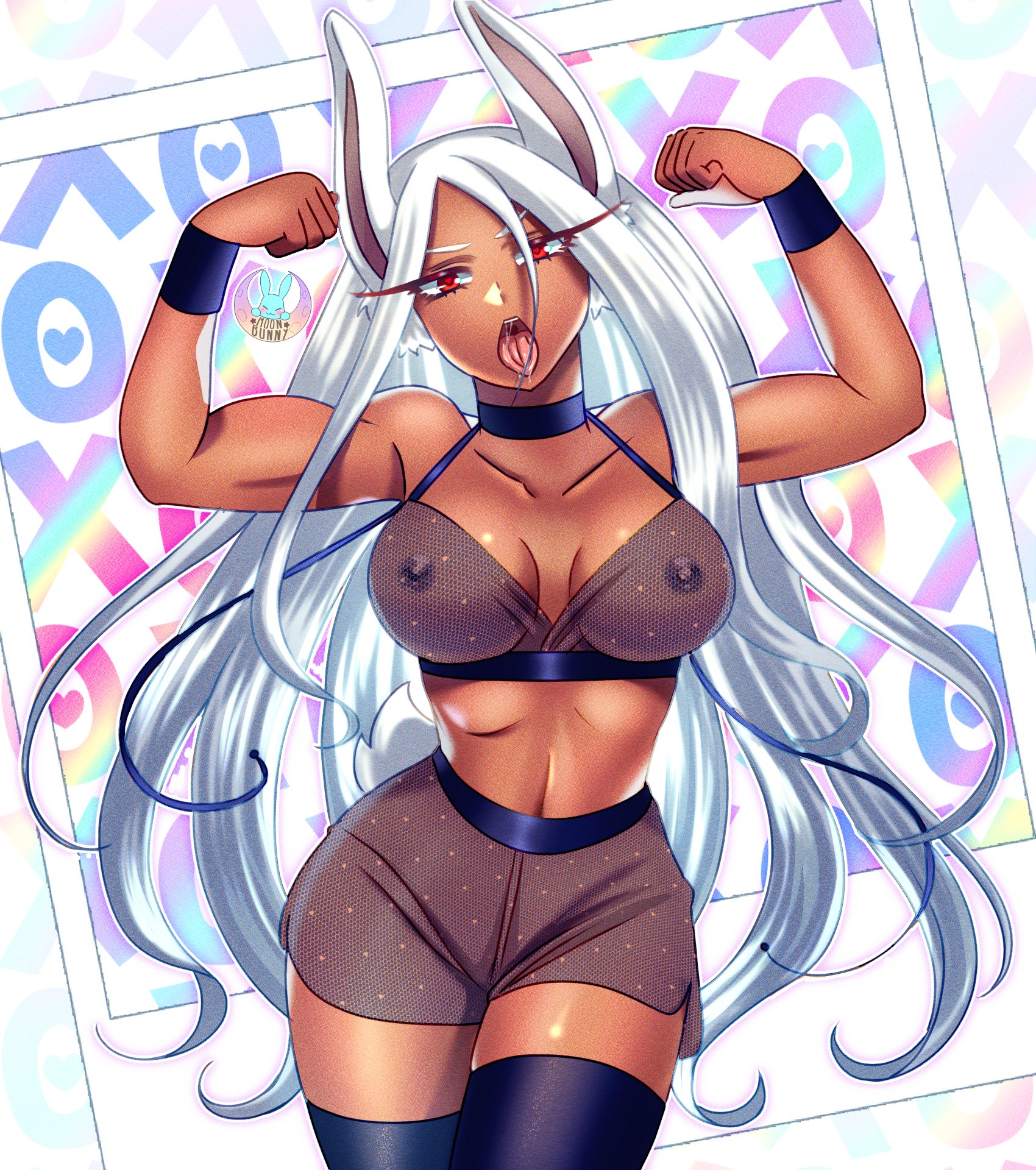 ahe gao, big breasts, breasts, bunny ears, choker, female, flexing, miruko, moonbunny, muscular, muscular female, my hero academia, red eyes, rumi usagiyama, see-through clothing, stockings, tagme, white hair