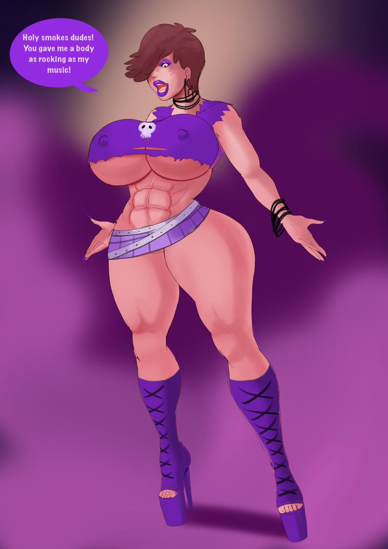 abs, after transformation, annon, ass, bimbo, bimbofication, breasts, choker, covered nipples, earrings, female, freckles, high heels, huge ass, huge breasts, lipstick, luna loud, makeup, navel, post-transformation, purple lipstick, the loud house, thick lips, thick thighs, transformation, wide hips