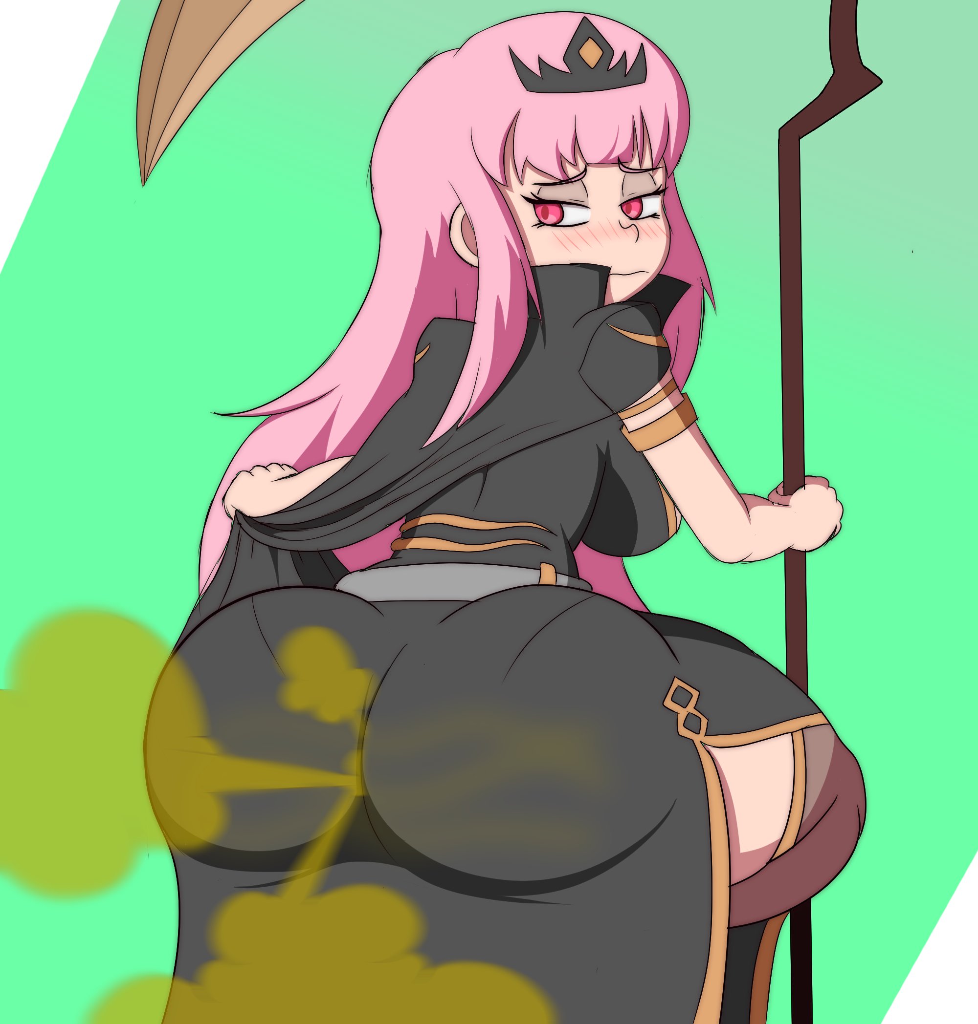 1girls, ass, ass in dress, big ass, big butt, blush, brap, fart, fart cloud, fart fetish, farting, female, hololive, hololive english, looking back, mori calliope, pink eyes, pink hair, protorepulsive, repulsiveproto, smile, solo female, squatting, thick thighs, virtual youtuber