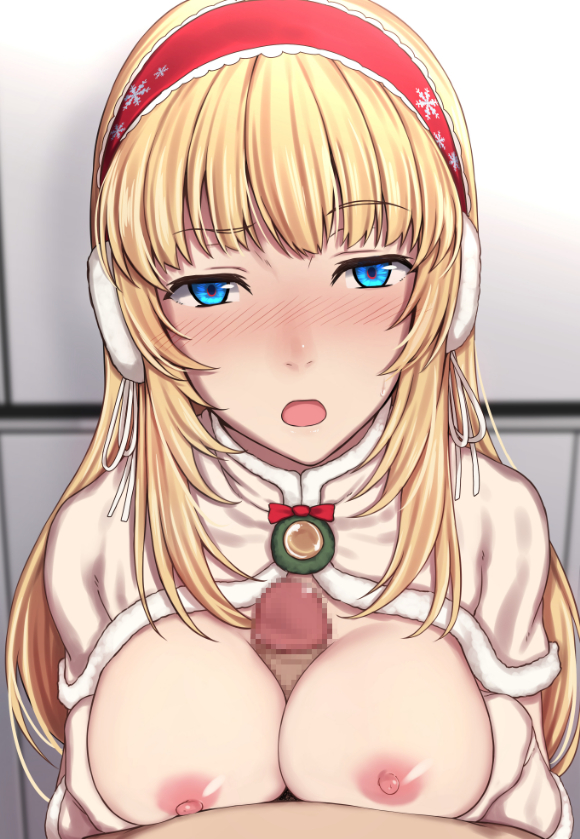 1boy bangs blonde_hair blue_eyes blush breasts breasts_out brown_capelet brown_gloves capelet censored clip_studio_paint_(medium) clothing commentary_request earmuffs erection evelysse_(star_ocean) eyebrows_visible_through_hair female fur-trimmed_capelet fur-trimmed_gloves fur_trim gloves hair_ribbon hairband large_breasts long_hair looking_at_viewer medium_breasts nagioka nagioka_(sblack) nipples nose_blush open_mouth paizuri penis pov red_hairband ribbon sblack small_penis snow_white_evelysse solo_focus star_ocean star_ocean_anamnesis straight titfuck upper_body white_ribbon