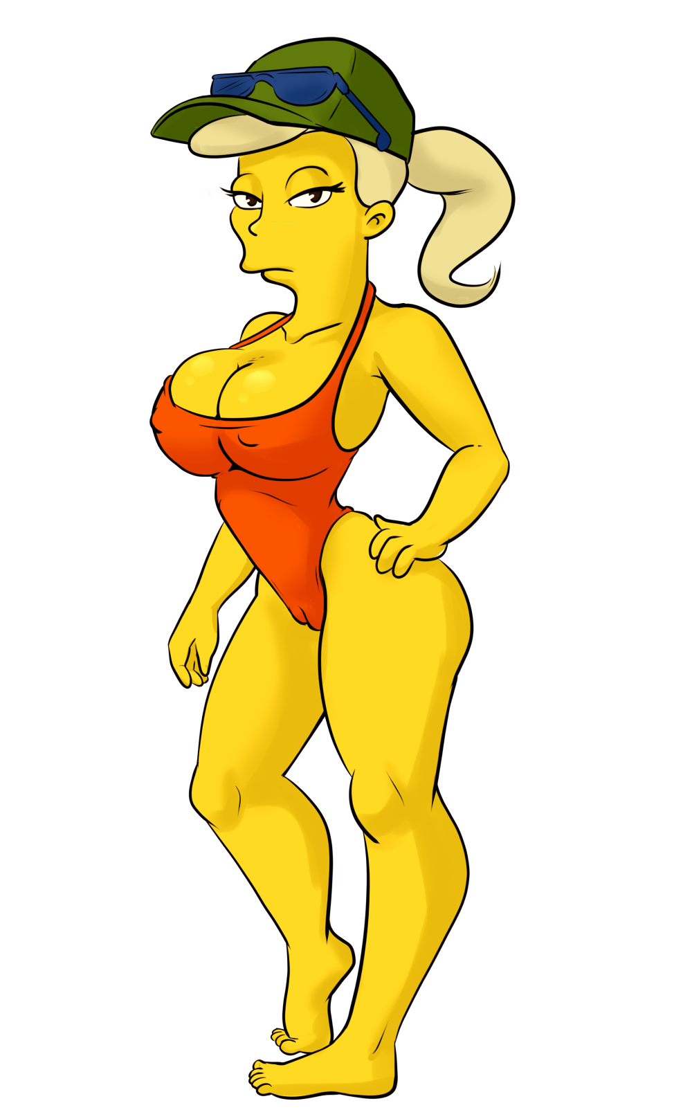 1girls ass barefoot baseball_cap blonde_hair breasts cleavage collarbone curvy eyelashes eyewear feet female female_only gavin's_mom half-closed_eyes hand_on_hip headwear highres huge_breasts human looking_at_viewer nipple_bulge ponytail profit side_view solo standing sunglasses sunglasses_on_hat the_simpsons thick_thighs toes yellow_skin