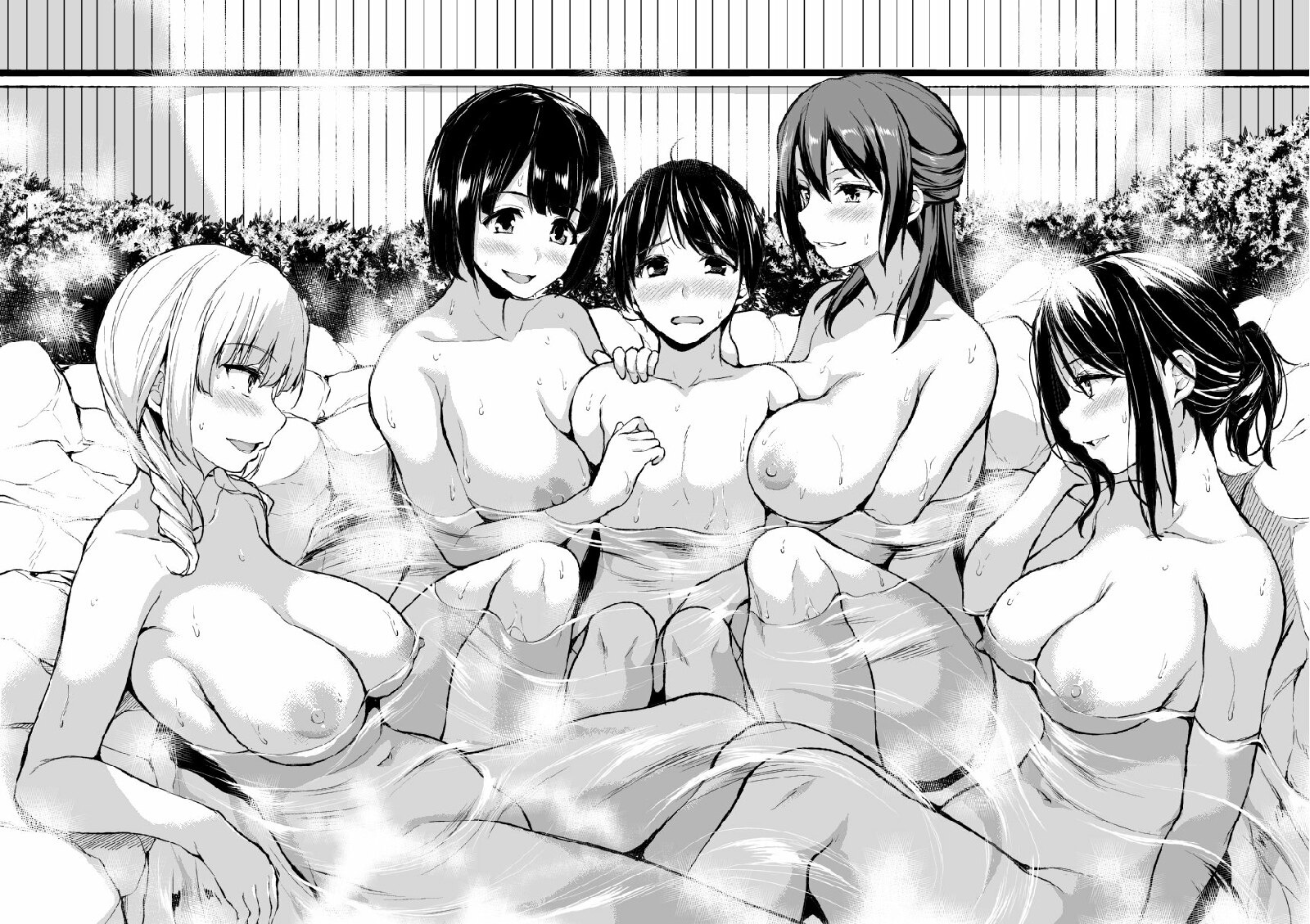 1boy, 4girls, big breasts, breasts, female, male, partially submerged, tachibana omina
