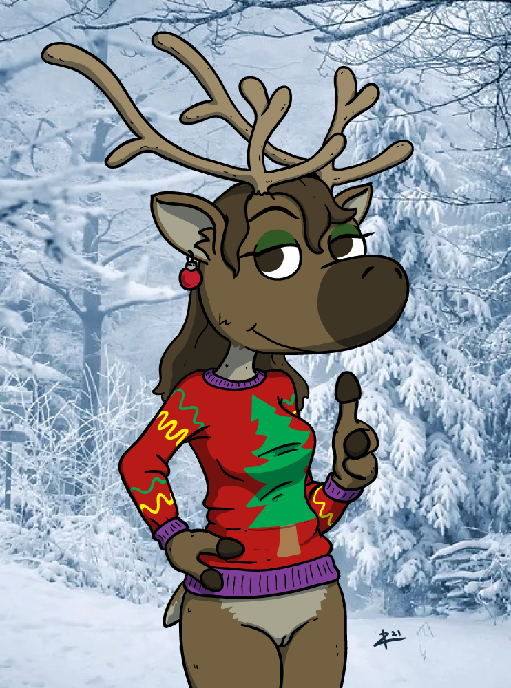 2021 anthro antlers bottomless bottomless_female brown_body brown_countershading brown_eyes brown_fur brown_hair capreoline cel_shading cervid christmas christmas_clothing christmas_sweater christmas_topwear clothed clothing countershade_fur countershading digital_drawing_(artwork) digital_media_(artwork) ear_piercing ear_ring eyebrows eyeshadow female finger_gun fingers fur genitals gesture green_eyeshadow hair half-closed_eyes hand_on_hip holidays hooved_fingers hooves horn long_hair looking_at_viewer makeup mammal multicolored_body multicolored_fur narrowed_eyes outside photo_background piercing pointing pointing_at_viewer pussy raised_eyebrow reindeer shaded signature smile solo solo_focus standing sweater toony topwear two_tone_body two_tone_fur zigmenthotep