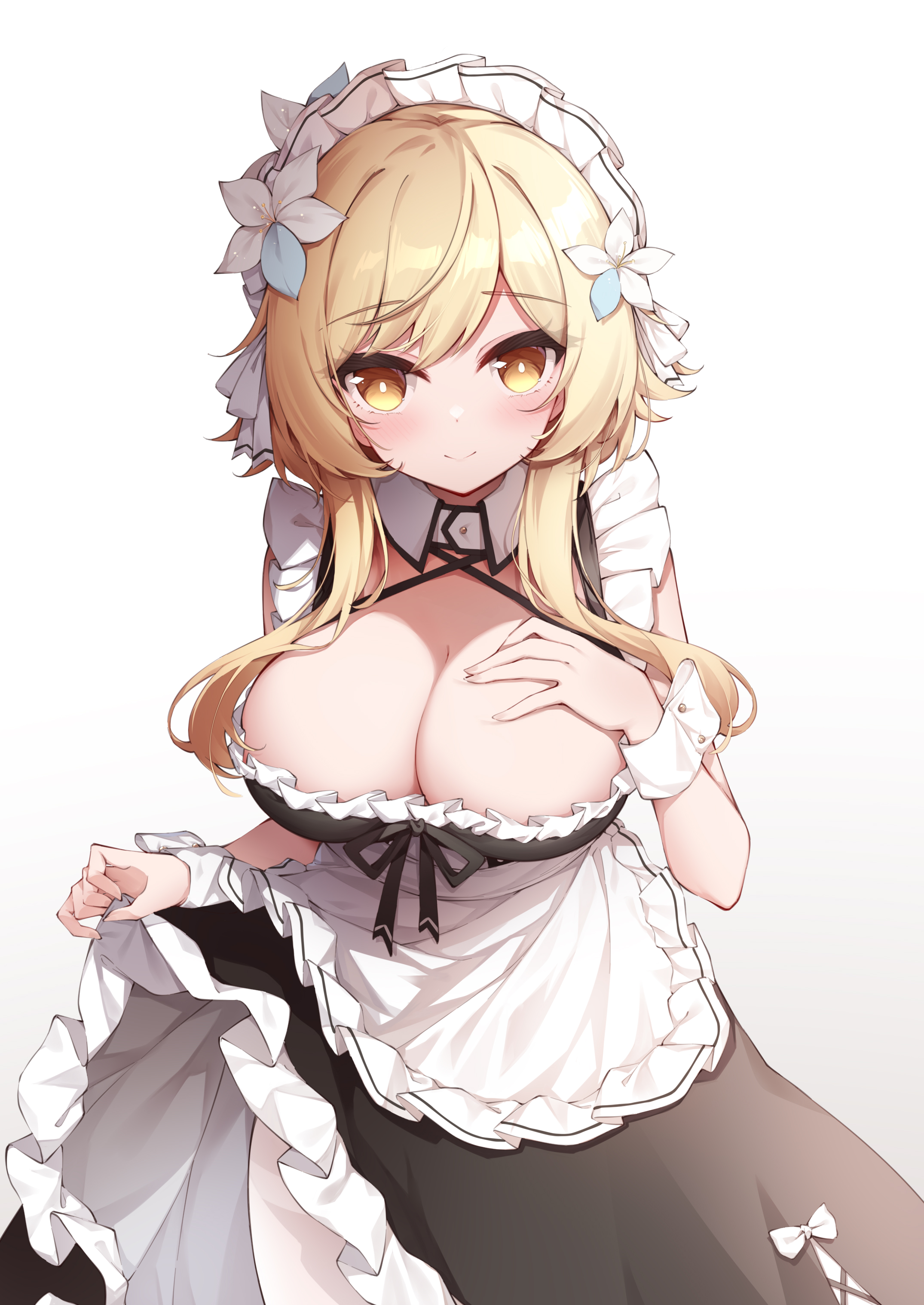 1girls, absurd res, bangs, big breasts, blonde hair, blush, breasts, cleavage, female, flower, flower in hair, genshin impact, hair between eyes, hand on breast, hi res, highres, huge breasts, large breasts, leaning forward, long hair, looking at viewer, lumine (genshin impact), maid, maid apron, maid dress, maid headdress, maid outfit, maid uniform, nia 0703, plain background, short hair, simple background, skirt, skirt lift, skirt pull, skirt up, smile, solo, white background, yellow eyes, yellow hair