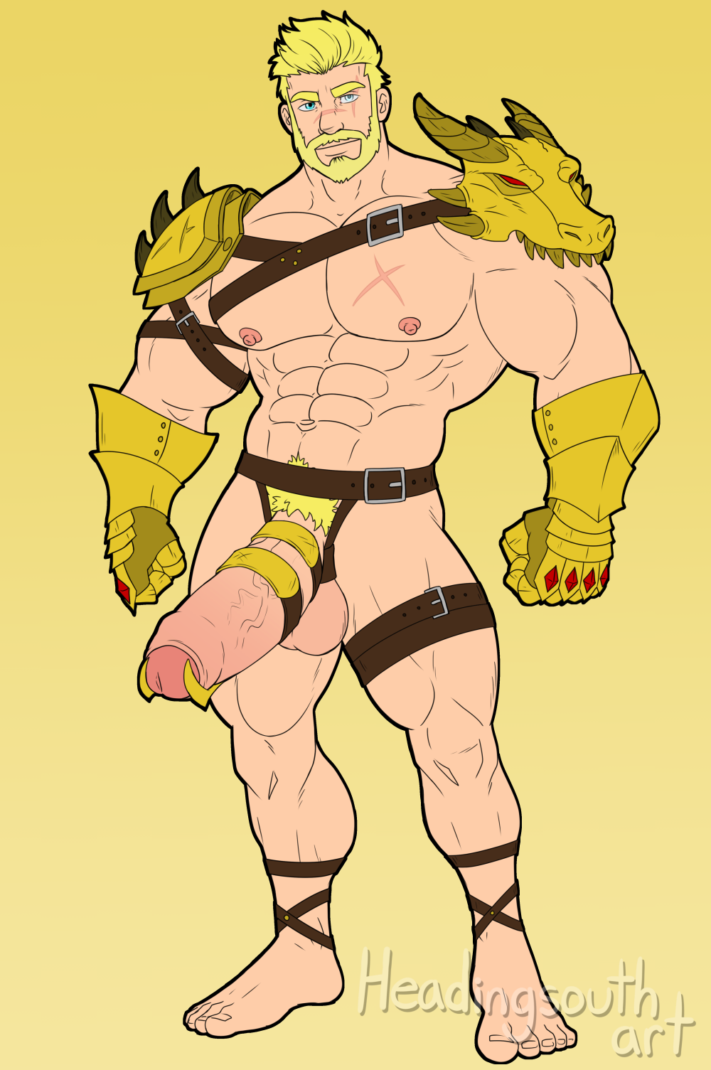 1boy, abs, armor, artist name, balls, balls stretcher, ballsack, bara, beard, beefy, big balls, big penis, blonde hair, blue eyes, cock ring, erection, facial, facial hair, facial scar, foreskin, gauntlets, headingsouth, human, leather straps, male, male nipples, male only, male pubic hair, masculine male, mature male, mostly nude, mostly nude male, muscles, muscular, muscular male, mustache, nipples, partially retracted foreskin, pecs, penis, pubic hair, retracted foreskin, scars, scrotum, skimpy armor, smooth skin, smooth skinned male, solo, straps, testicles, uncircumcised, unconvincing armor, uncut, veiny penis, yaoi