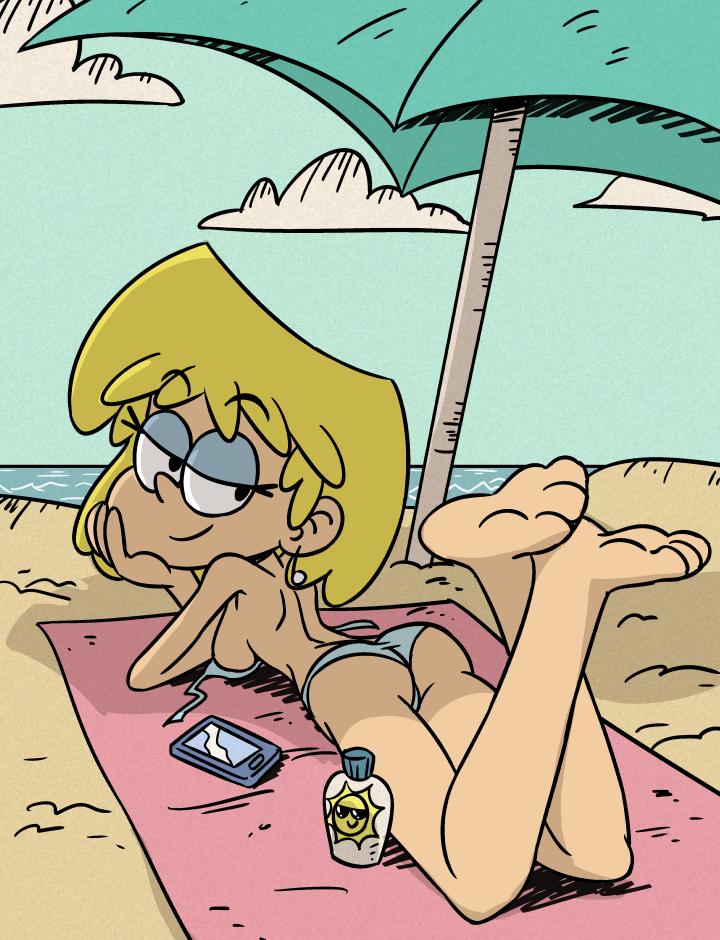 2019, ass, barefoot, beach, blonde female, bra down, breasts, centinel303, earrings, female, female focus, female only, laying down, looking at viewer, lori loud, nickelodeon, parasol, posing, prone, relaxing, smartphone, solo, solo female, sunbathing, tanning lotion, the loud house