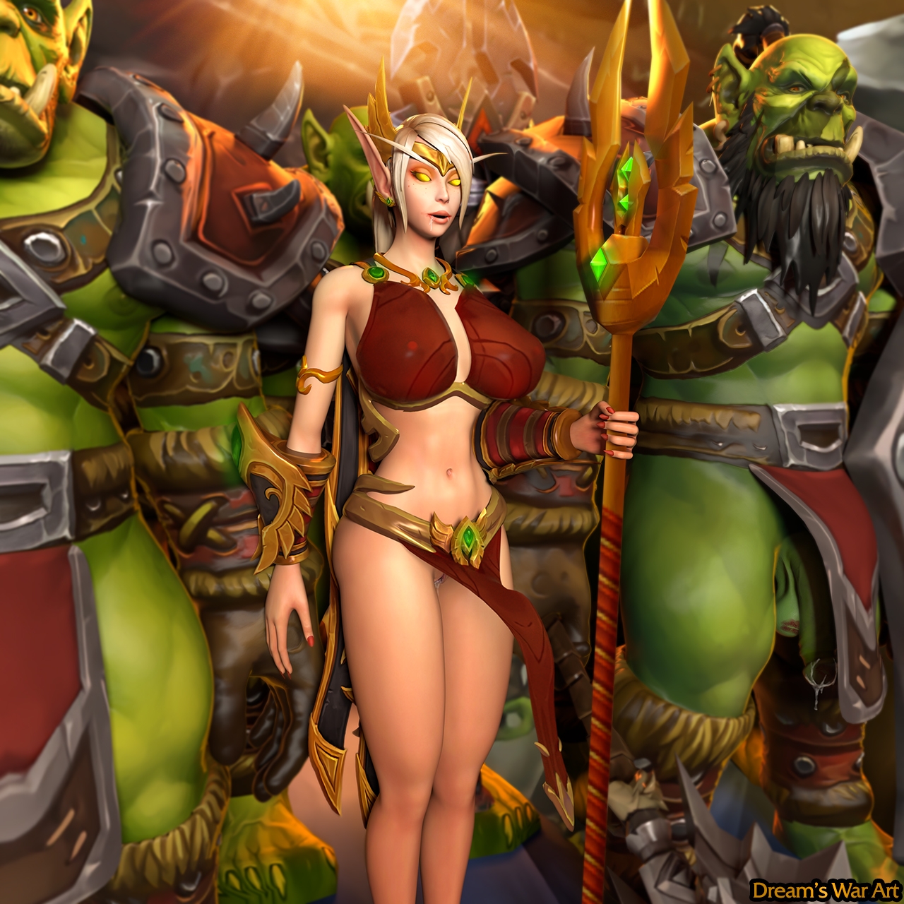 1girls, big breasts, big penis, blood elf, blood elf female, blood elf staff, bottomless, breasts, busty, cum in mouth, curvy, curvy female, curvy figure, dreamswarart, elf, elf female, female, flaccid, hips, horde (warcraft), legs, light skin, light-skinned female, loincloth, loincloth aside, male, muscular, muscular male, nipples visible through clothing, orc, orc (warcraft), orc male, penis, pussy, straight, thick thighs, thighs, vagina, warcraft, wide hips, world of warcraft, wow