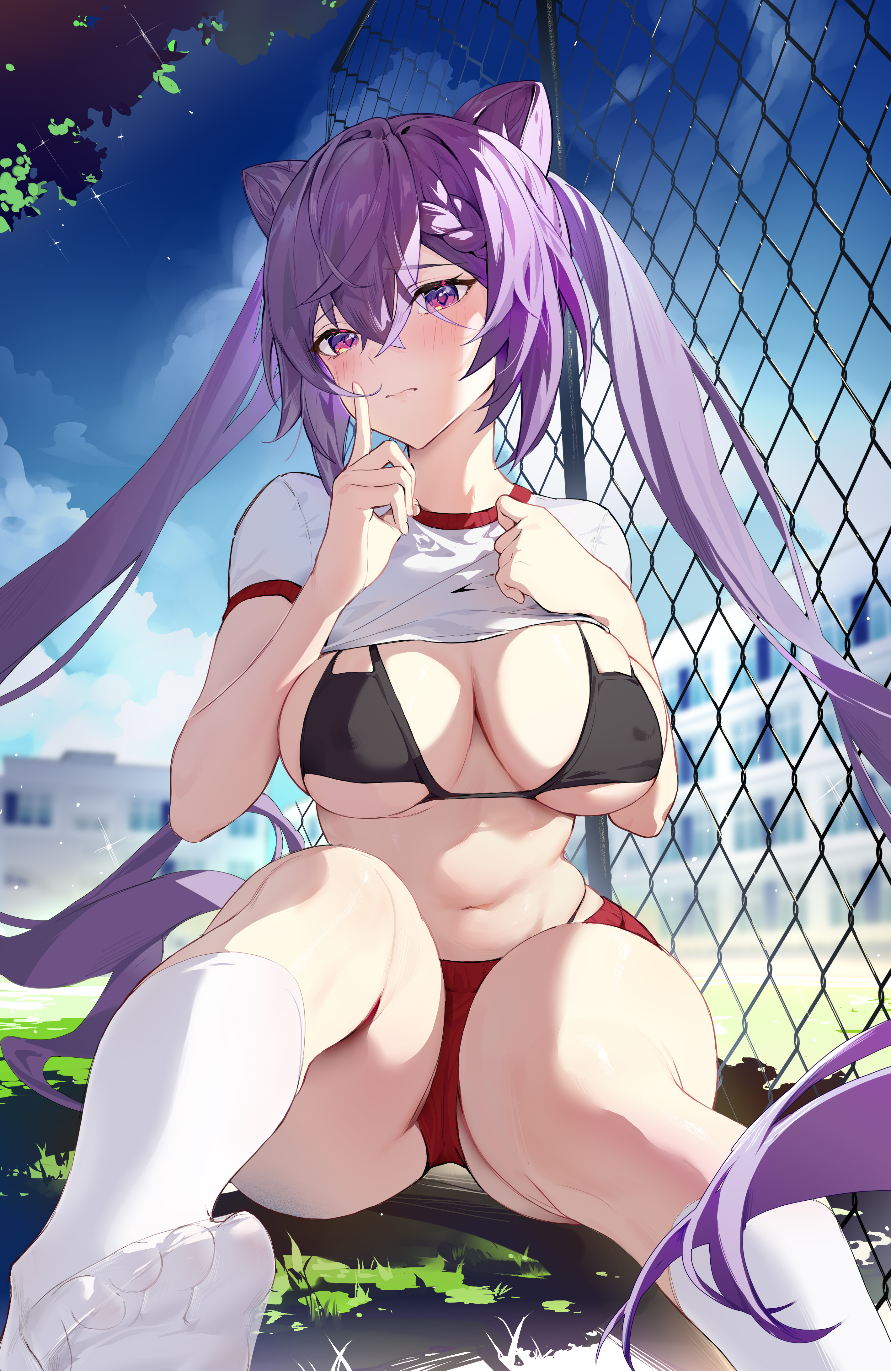 1girls, absurd res, bangs, belly button, big breasts, bikini, bikini top, black bikini, black bikini top, bloomers, blush, breasts, building, buruma, cat ears, cleavage, cloud, feet, female, fence, genshin impact, gym uniform, hair between eyes, heart-shaped pupils, hi res, highres, hips, houkiboshi (mmjw7432), huge breasts, keqing (genshin impact), large breasts, long hair, looking at viewer, midriff, nipple bulge, outside, pigtails, purple eyes, purple hair, shirt up, shushing, sitting, sitting on floor, sky, slim waist, small waist, socks, soles, solo, sports uniform, thick, thick thighs, thighs, toes, tree, twintails, underboob, waist, white socks, wide hips