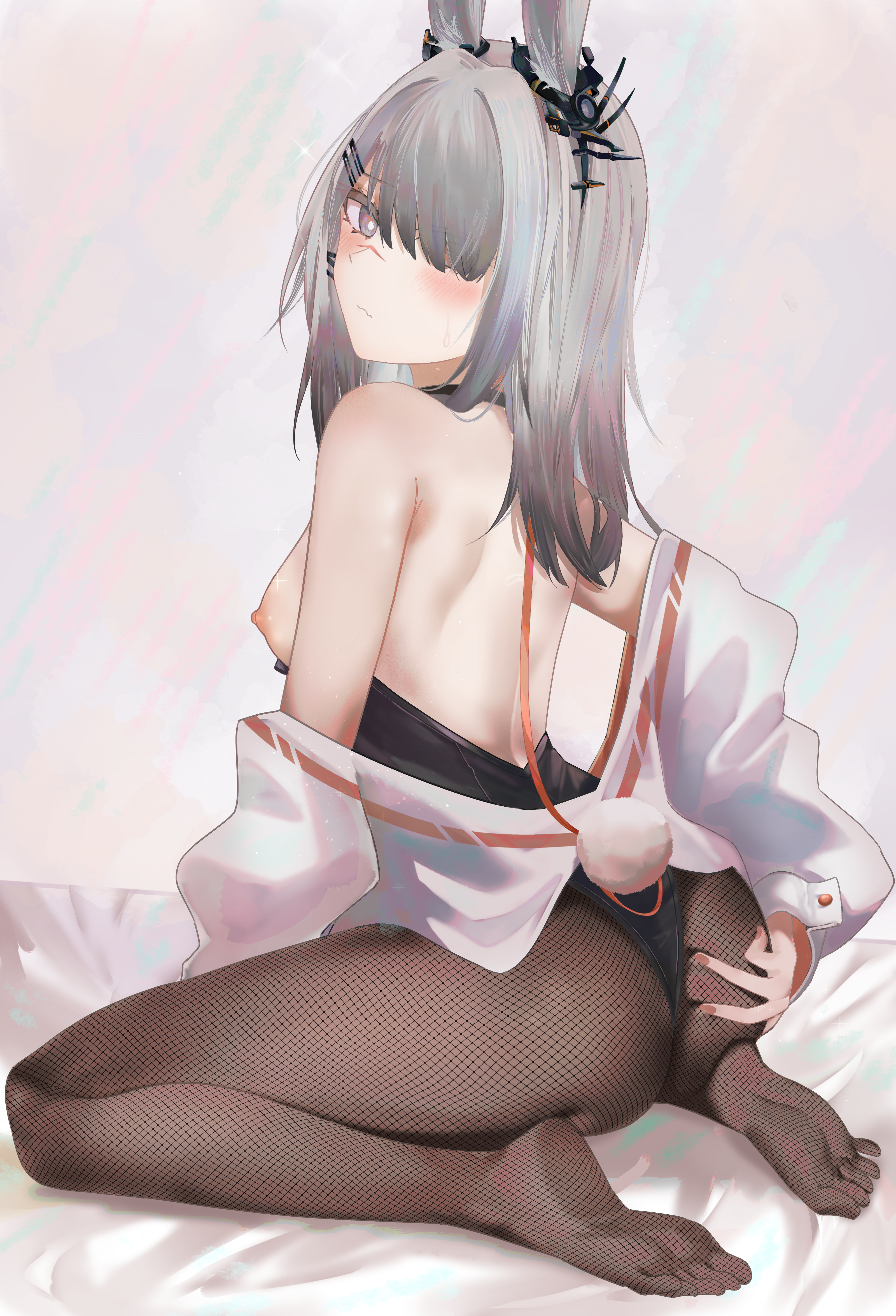 1girls, animal ears, areolae, arknights, ass, ass grab, bare back, bare shoulders, barefoot, blush, breasts, bunny ears, bunny tail, bunnysuit, calves, choker, cuffs, cute, embarrassed, exposed breasts, fangs, female, female only, fishnets, frostnova (arknights), grey eyes, grey hair, hair accessory, hair over one eye, hand on ass, highres, kneeling, knees, leash, legs, legwear, leotard, looking at viewer, looking back, medium hair, nails, nipples, on bed, pantyhose, ru zhai, scar on nose, shoulder blades, shoulders, sitting, soles, solo, thighs