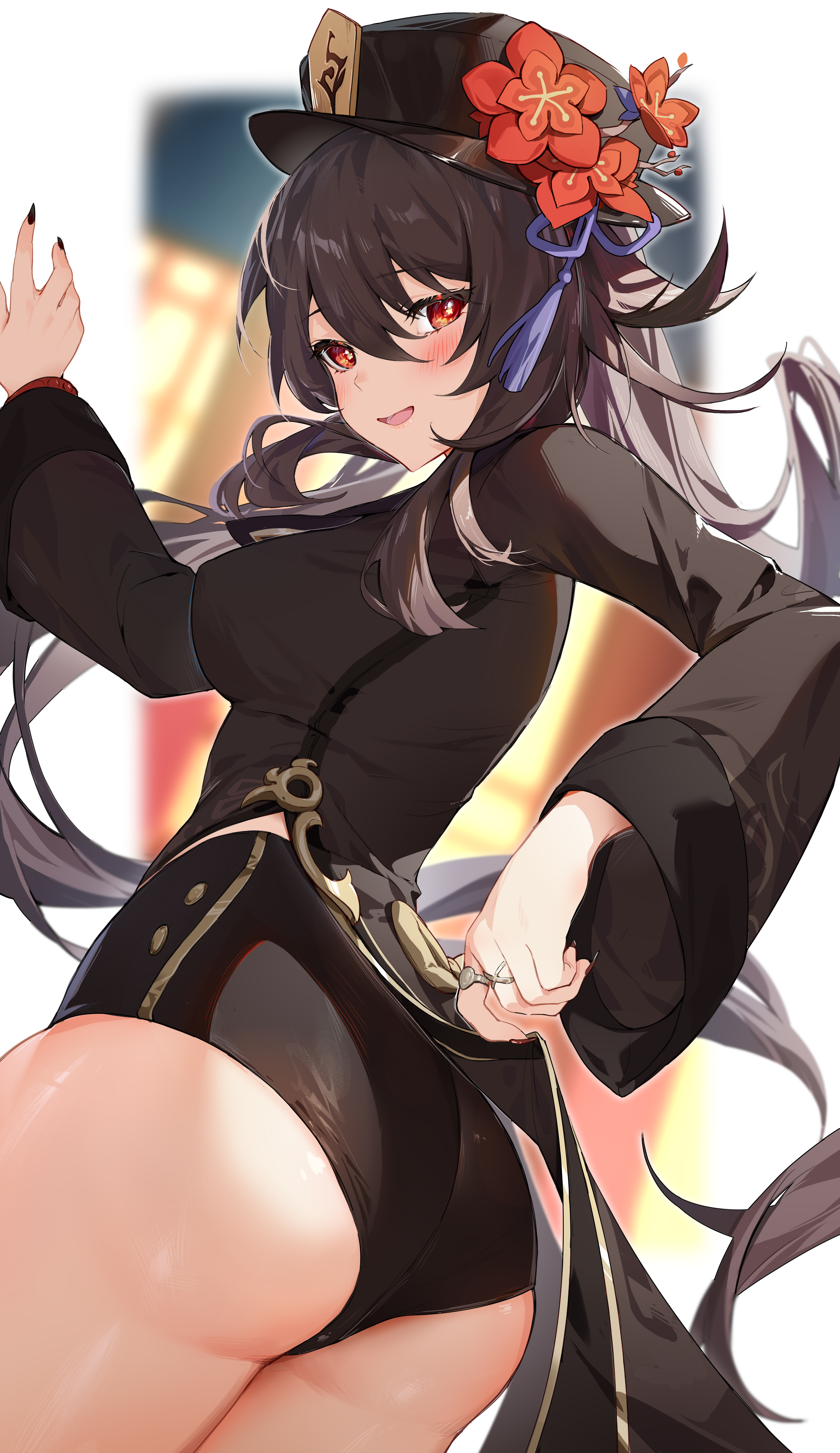 1girls, absurd res, ass, ass cheeks, ass focus, big ass, blush, booty shorts, breasts, clothed, clothing, female, from behind, genshin impact, hat, highres, houkiboshi (mmjw7432), hu tao (genshin impact), lifted by self, lifting, looking at viewer, looking back, nail polish, shorts, smile, teasing, thick thighs, twintails
