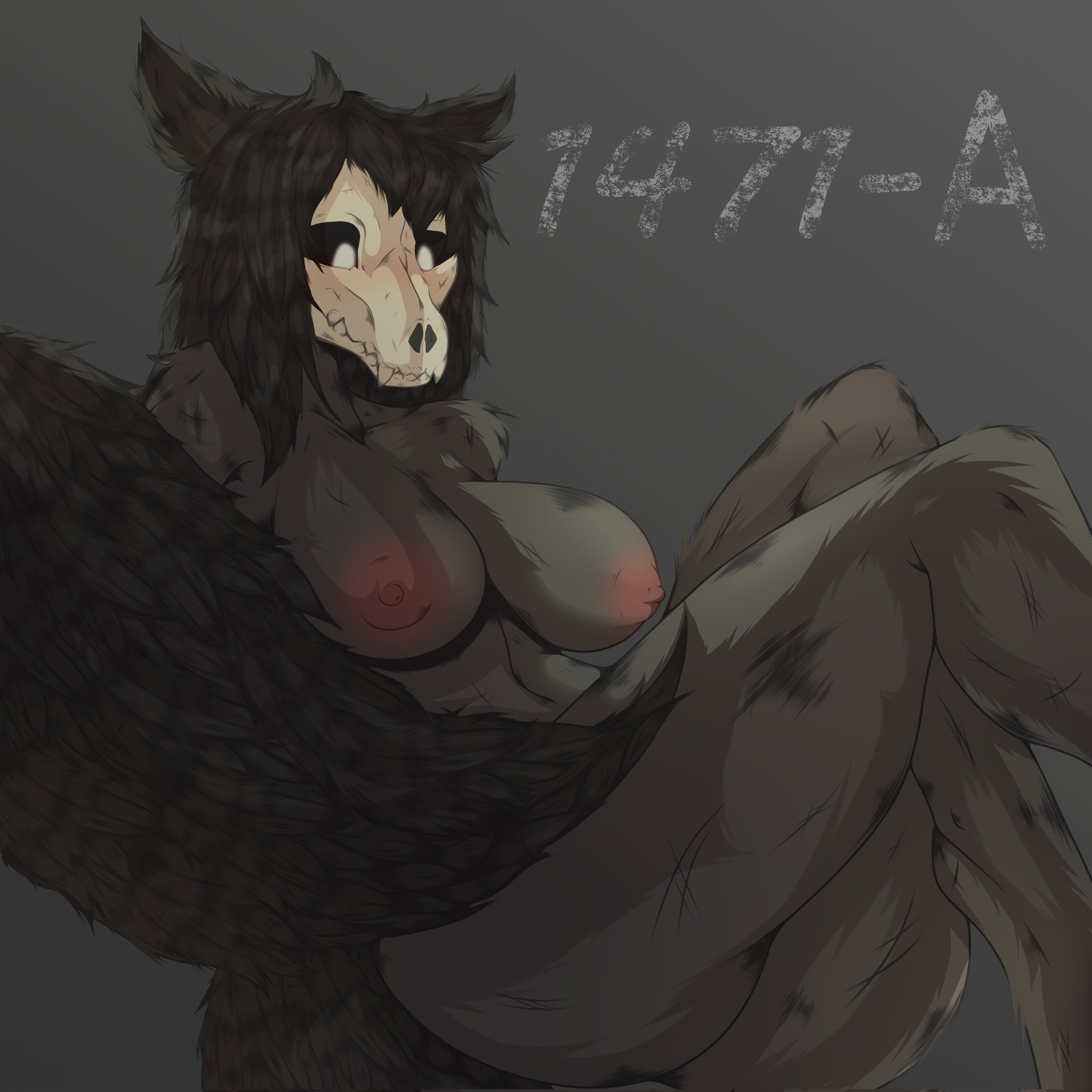 1:1, anthro, big breasts, black body, black fur, black hair, black tail, breasts, canid, canine, canine skull, canis, female, fur, hair, hi res, mal0, malo, mammal, monster, nipples, nude, scp foundation, scp-1471, scp-1471-a, simple background, skull face, solo, text, todyfel, white eyes, wolf