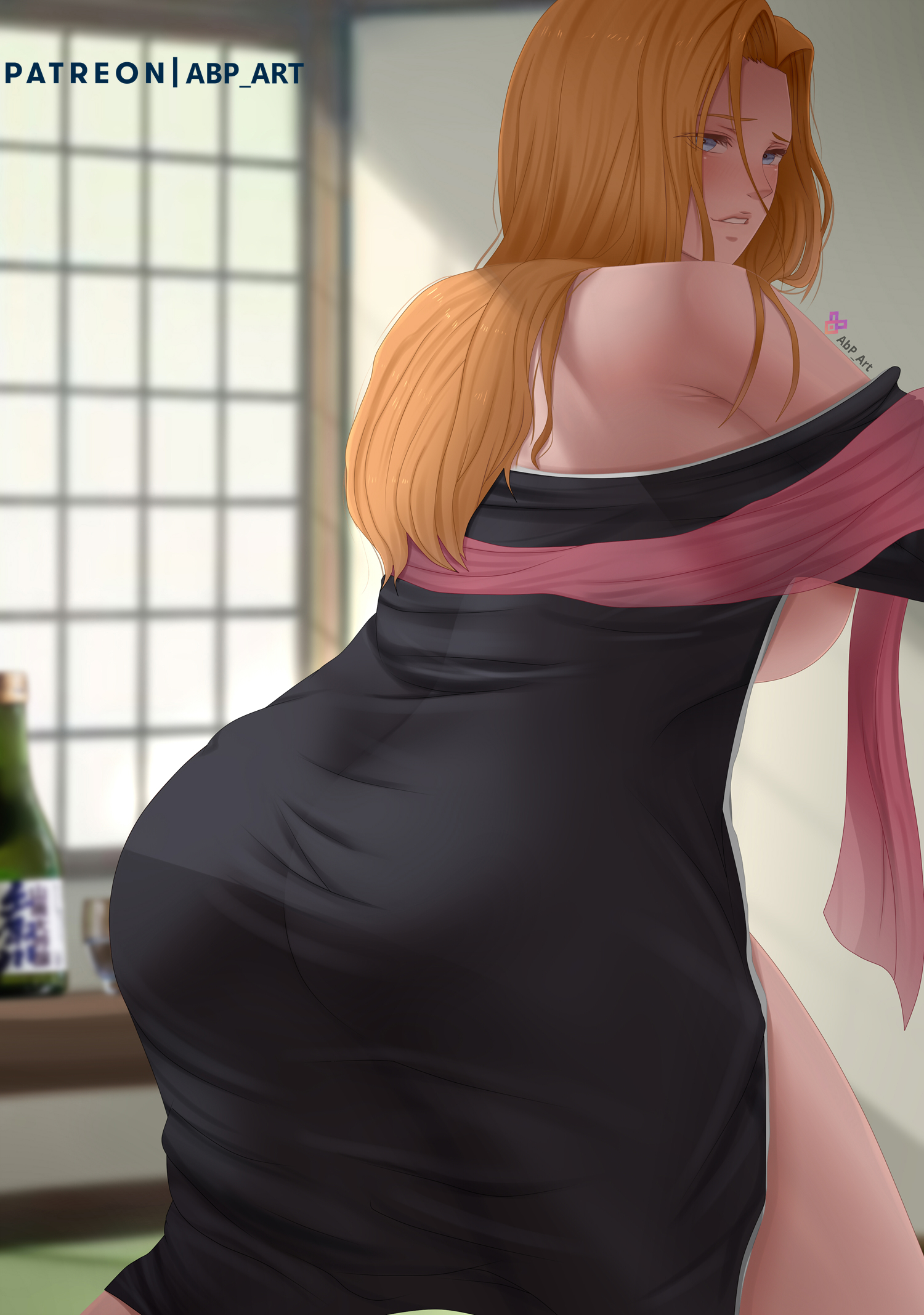 1girls, abp art, against wall, arm support, ass, ass crack, bare legs, bare shoulders, bent over, big ass, big breasts, bleach, blue eyes, blush, breasts, breasts out, butt crack, drunk, female, female only, from behind, huge ass, huge breasts, indoors, kimono, kneeling, looking at viewer, looking back, matsumoto rangiku, mostly clothed, no bra, off shoulder, open clothes, orange hair, presenting, presenting ass, presenting pussy, pussy, robe, round ass, sake, sake bottle, scarf, shiny, shiny hair, shiny skin, sideboob, skindentation, sliding doors, solo, solo focus, sunlight, tease, teasing, voluptuous