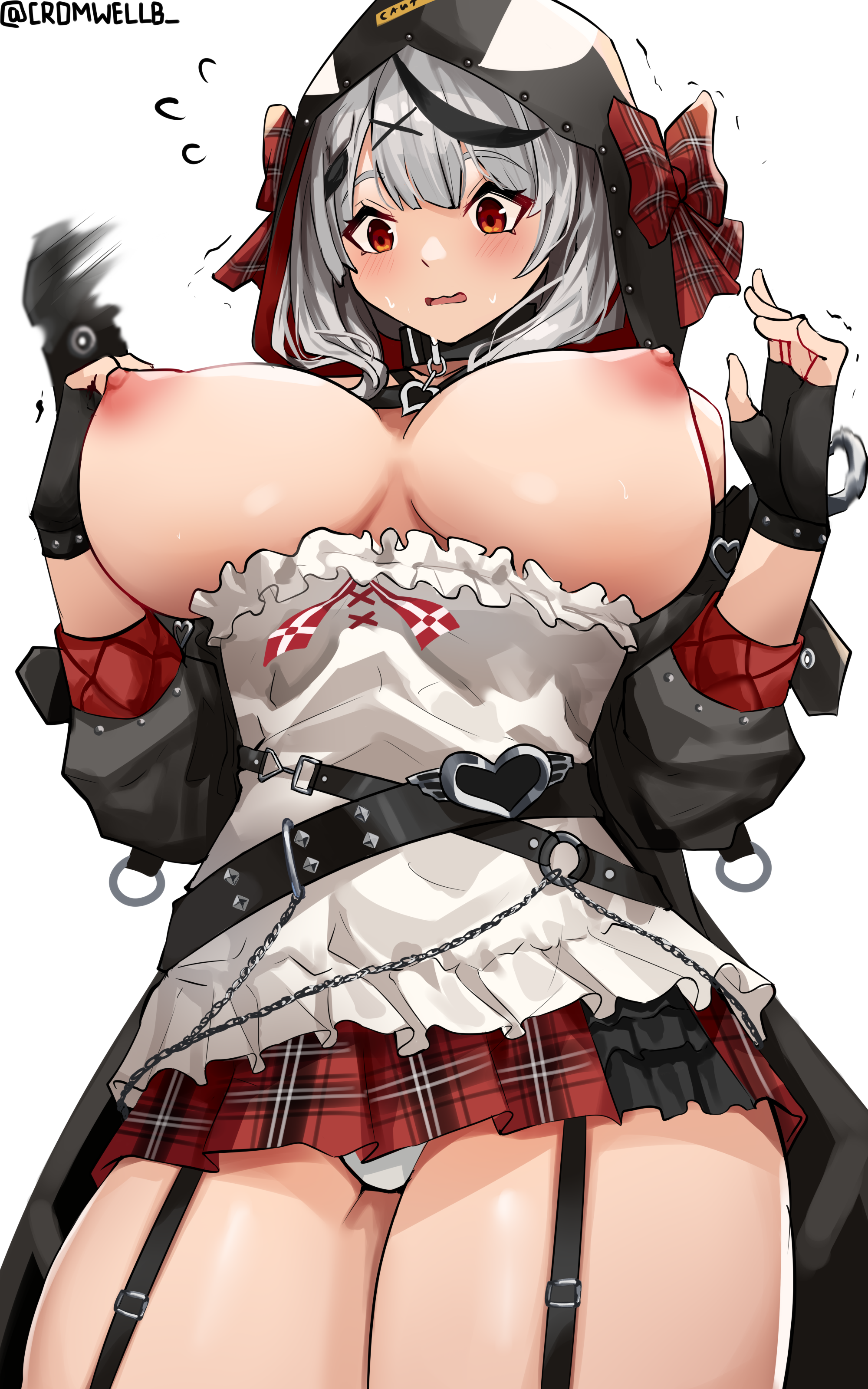 1girls, 2021, areolae, artist signature, blush, bow, breasts, breasts out, clothed, clothed female, cromwellb, embarrassed, erect nipples, female, female only, flustered, garter straps, hair ornament, hololive, hololive japan, holox, hood, huge breasts, jacket, large areolae, nipples, panties, red eyes, sakamata chloe, shocked, short hair, short skirt, simple background, skirt, thick thighs, thighs, virtual youtuber, wardrobe malfunction, white background, white hair, white panties