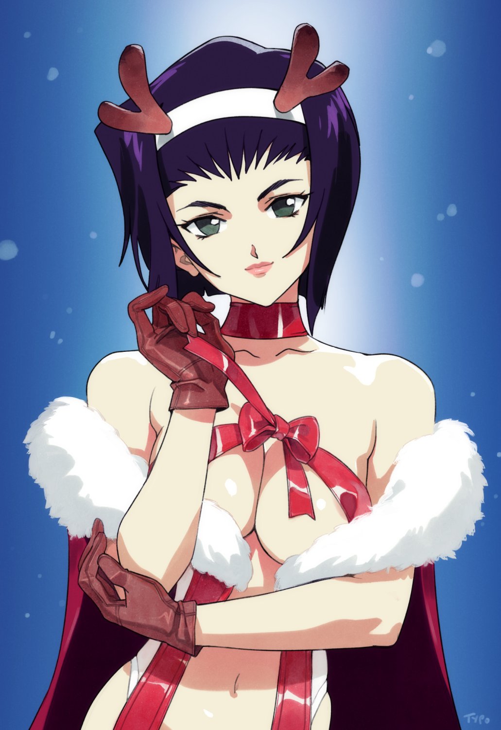 1girls, big breasts, breasts, choker, christmas, cowboy bebop, faye valentine, female, gloves, green eyes, hairband, human, large breasts, light skin, light-skinned female, looking at viewer, navel, optionaltypo, pale skin, pale-skinned female, purple hair, ribbon, ribbon bondage, ribbon choker, short hair, smile, smiling, solo, solo female