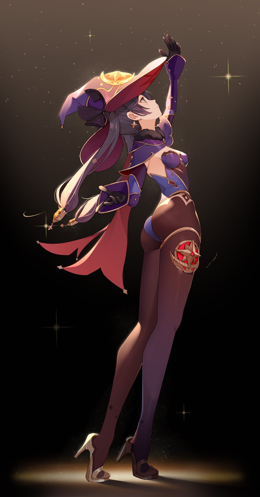 ass, breasts, clothed, clothing, dygj0v0, female, genshin impact, gold heels, hat, high heels, mona (genshin impact), solo, tagme