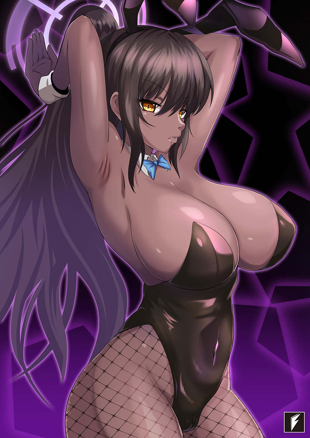 1girls, 2021, armpits, arms up, belly, big breasts, blue archive, bow, breasts, bunny ears, bunnysuit, cameltoe, cleavage, covered navel, covered nipples, covered pussy, dark skin, dark-skinned female, detached collar, eyebrows visible through hair, eyelashes, female, female focus, female only, fishnet legwear, fishnets, highleg leotard, karin (blue archive), karin (bunny) (blue archive), leotard, looking at viewer, navel, playboy bunny, pussy, sexy armpits, sideboob, solo, solo female, standing, teng zhai zi, wrist cuffs