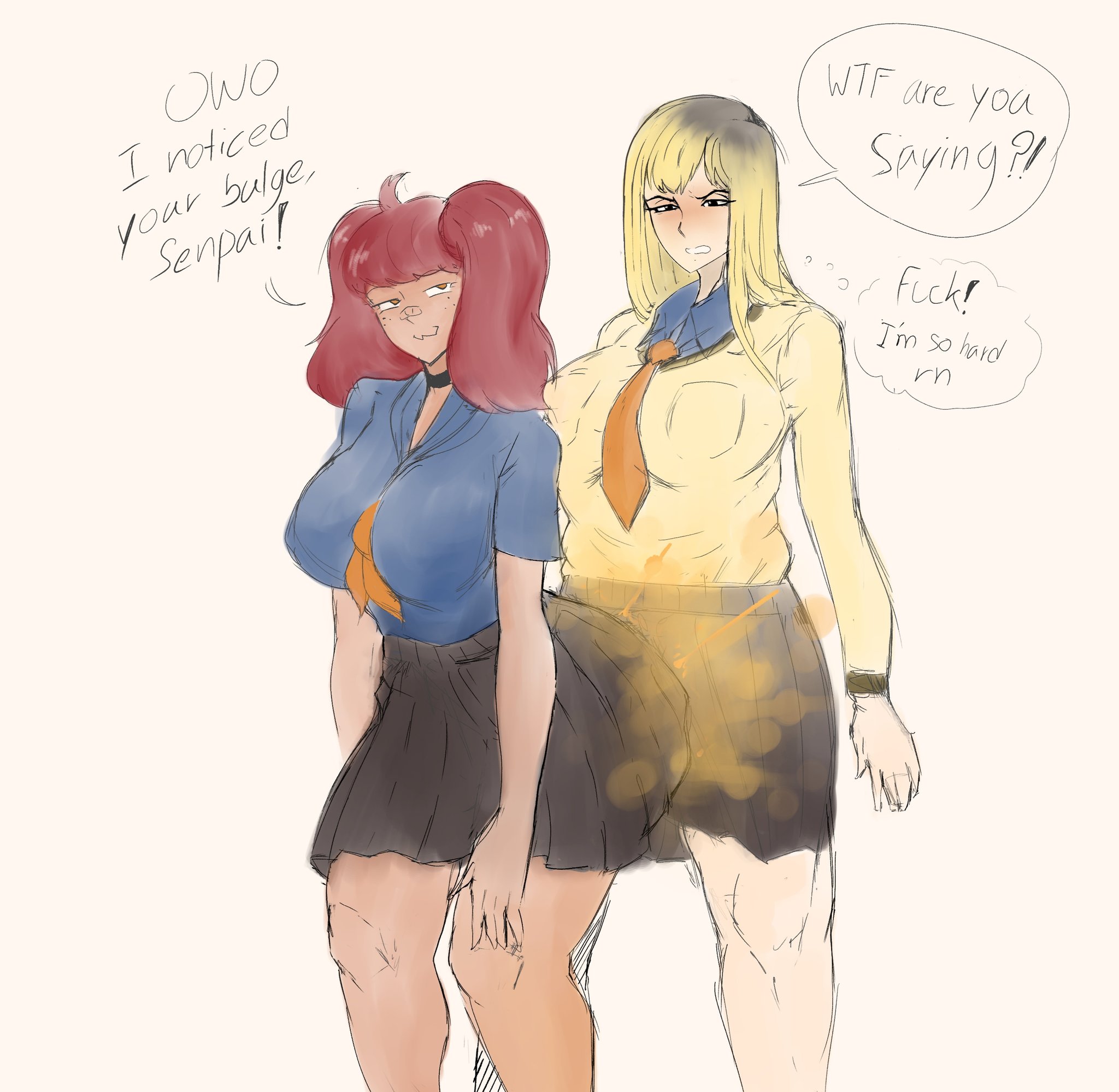 2girls, ass, assjob, buttjob, dialogue, fart, fart cloud, fart fetish, fart on dick, farting, farting on dick, fartjob, female, futanari, implied futa, intersex, penis, skirt, smug, snobbyfoxy