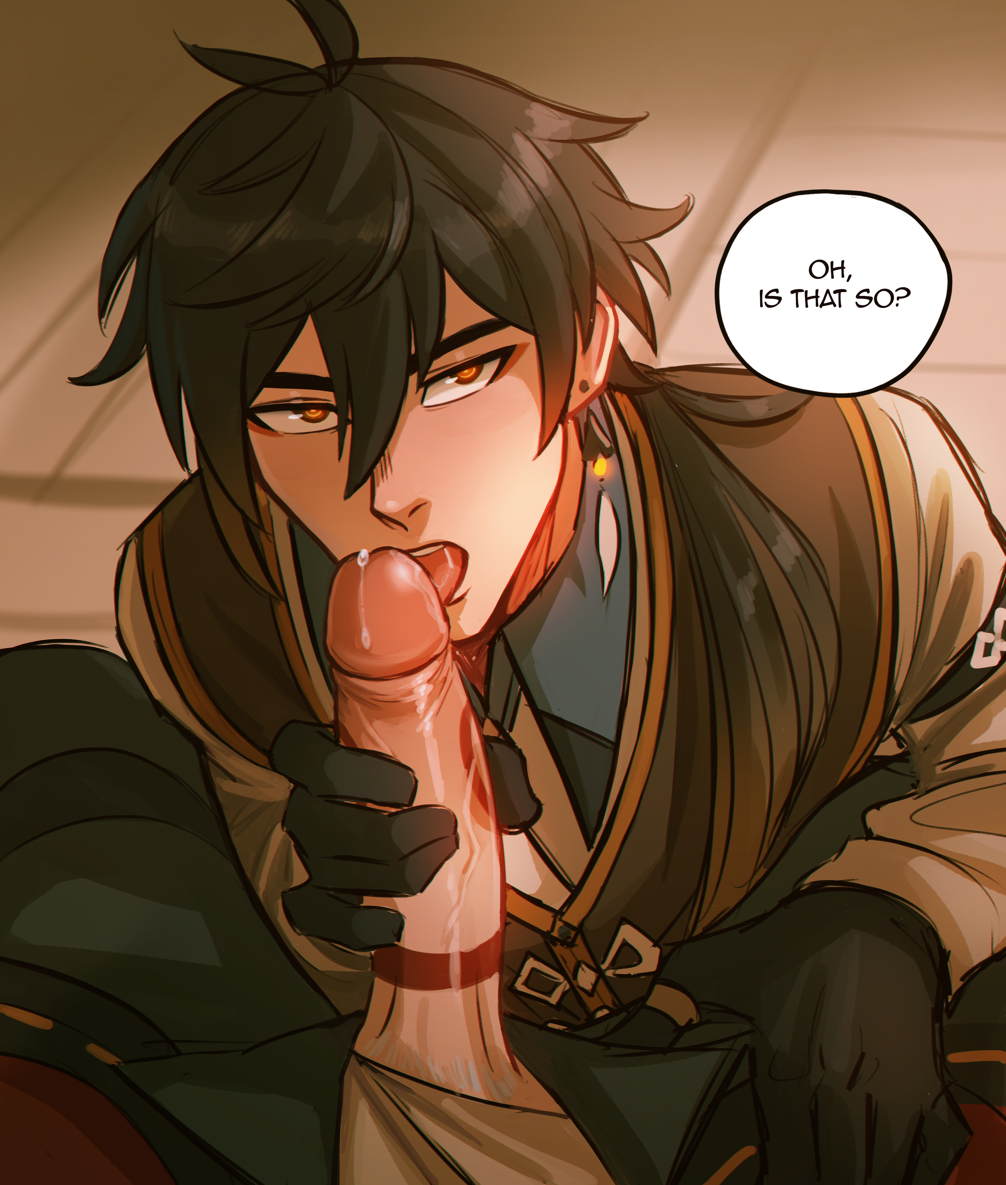 2boys, arataki itto, big penis, black gloves, eye contact, fellatio, gay, genshin impact, gloves, male, male only, oral, orange eyes, penis, penis out, precum, pubic hair, sombre slahc, text, yaoi, zhongli (genshin impact)