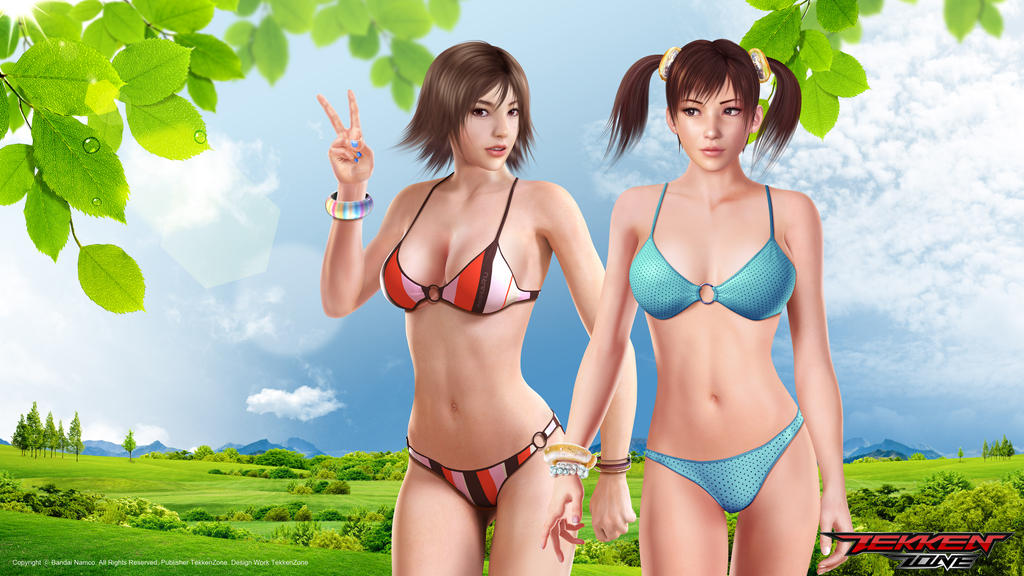 2girls alluring auburn_hair bikini black_hair female female_only fully_clothed ling_xiaoyu miharu_hirano namco outdoors peace_sign sky swimsuit tekken tekken_3 tekken_4 tekken_5_dark_resurrection tekken_7 tekken_tag_tournament tekken_tag_tournament_2