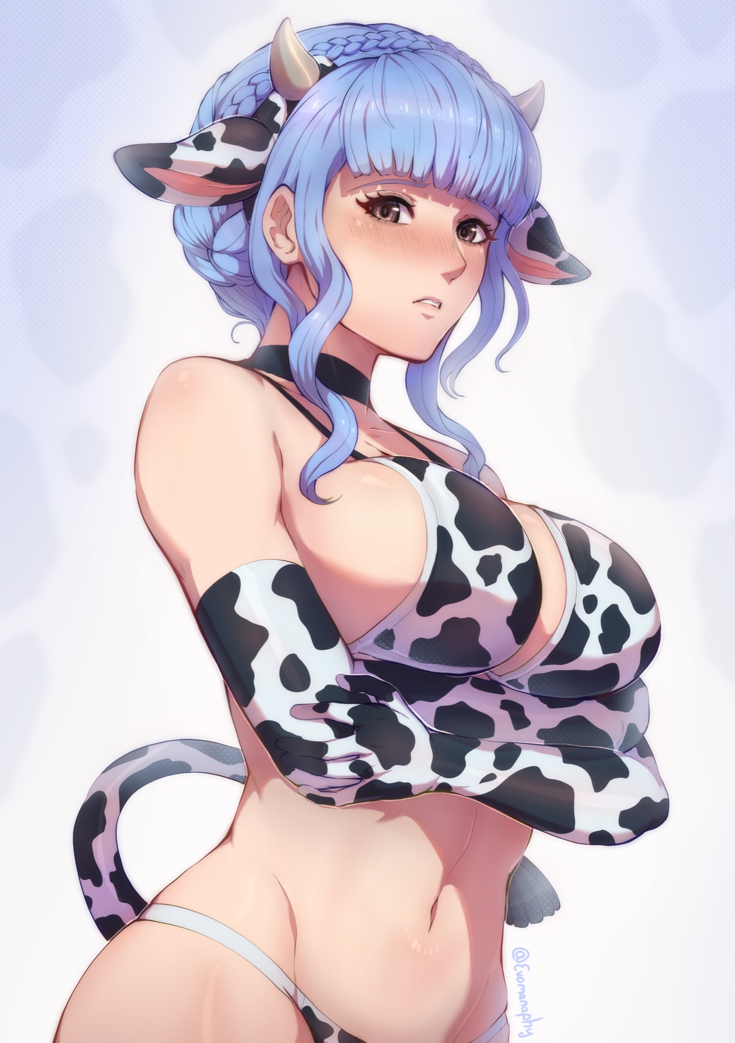 1girls, alternate costume, animal costume, animal ears, animal print, bangs, bare shoulders, bikini, blue hair, blush, braid, breasts, brown eyes, cleavage, cow costume, cow ears, cow horns, cow print, crown braid, evomanaphy, female, female only, fire emblem, fire emblem: three houses, gloves, highres, horns, large breasts, long hair, looking at viewer, marianne von edmund, navel, nintendo, solo, swimsuit, year of the ox