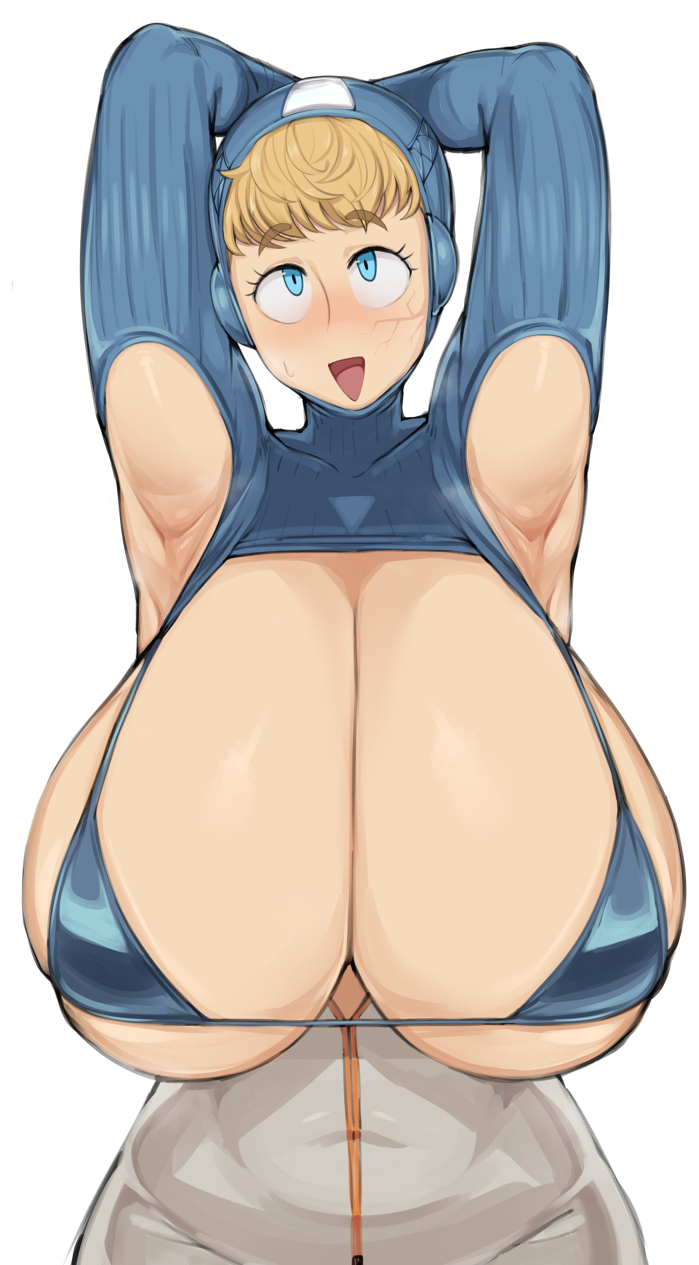 ahe gao, alternate breast size, apex legends, arms up, blonde hair, breasts, cham22, female, female only, huge breasts, lichtenberg figure, scar, shaved armpit, spandex, tagme, voluptuous, wattson (apex legends)