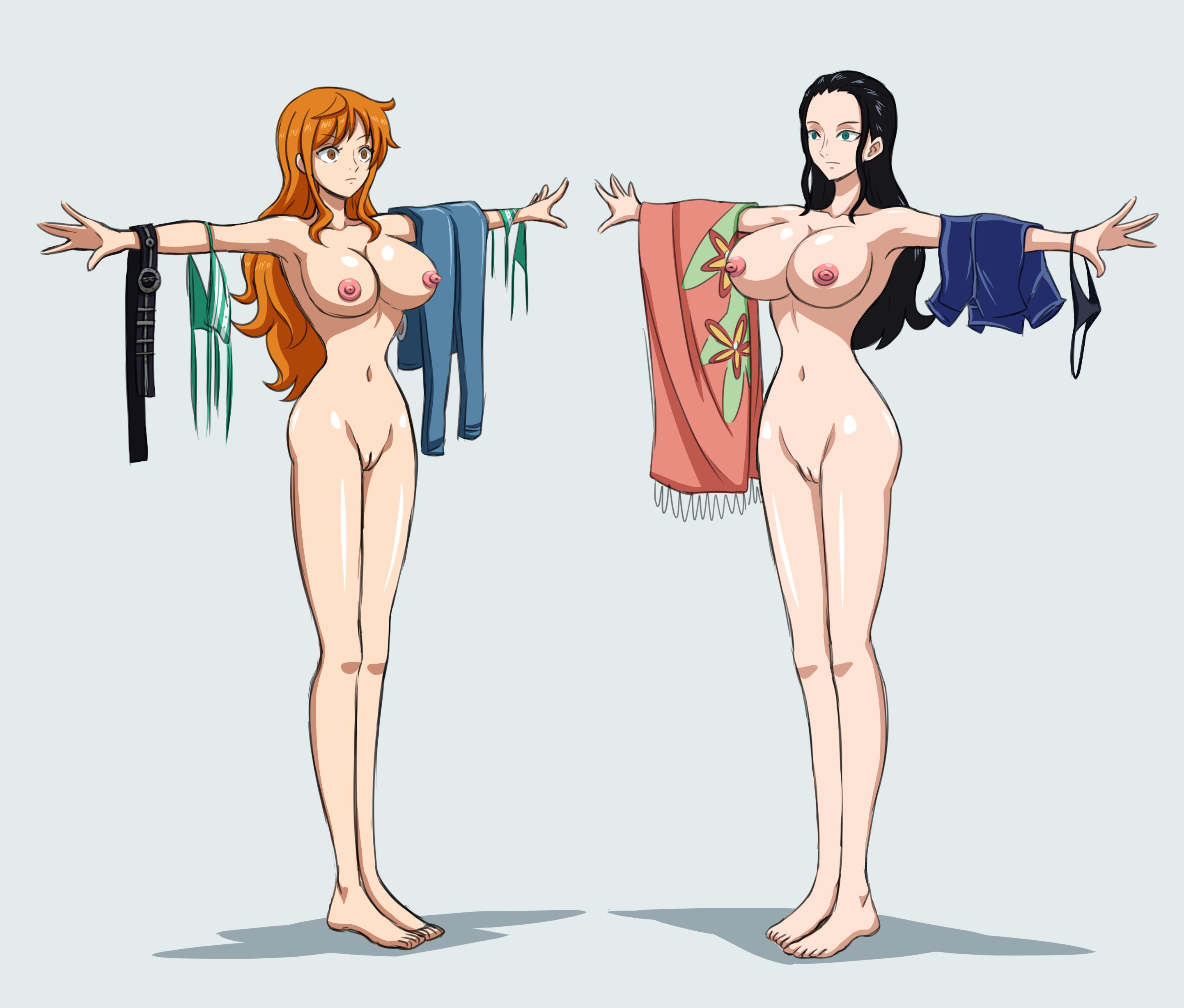 2girls, black hair, black-haired female, breasts, coat rack, electrickronos, female, female only, human furniture, hypnosis, multiple females, multiple girls, naked, nami (one piece), nico robin, nipples, nude, one piece, orange hair, orange-haired female, post-timeskip, t-pose, tagme