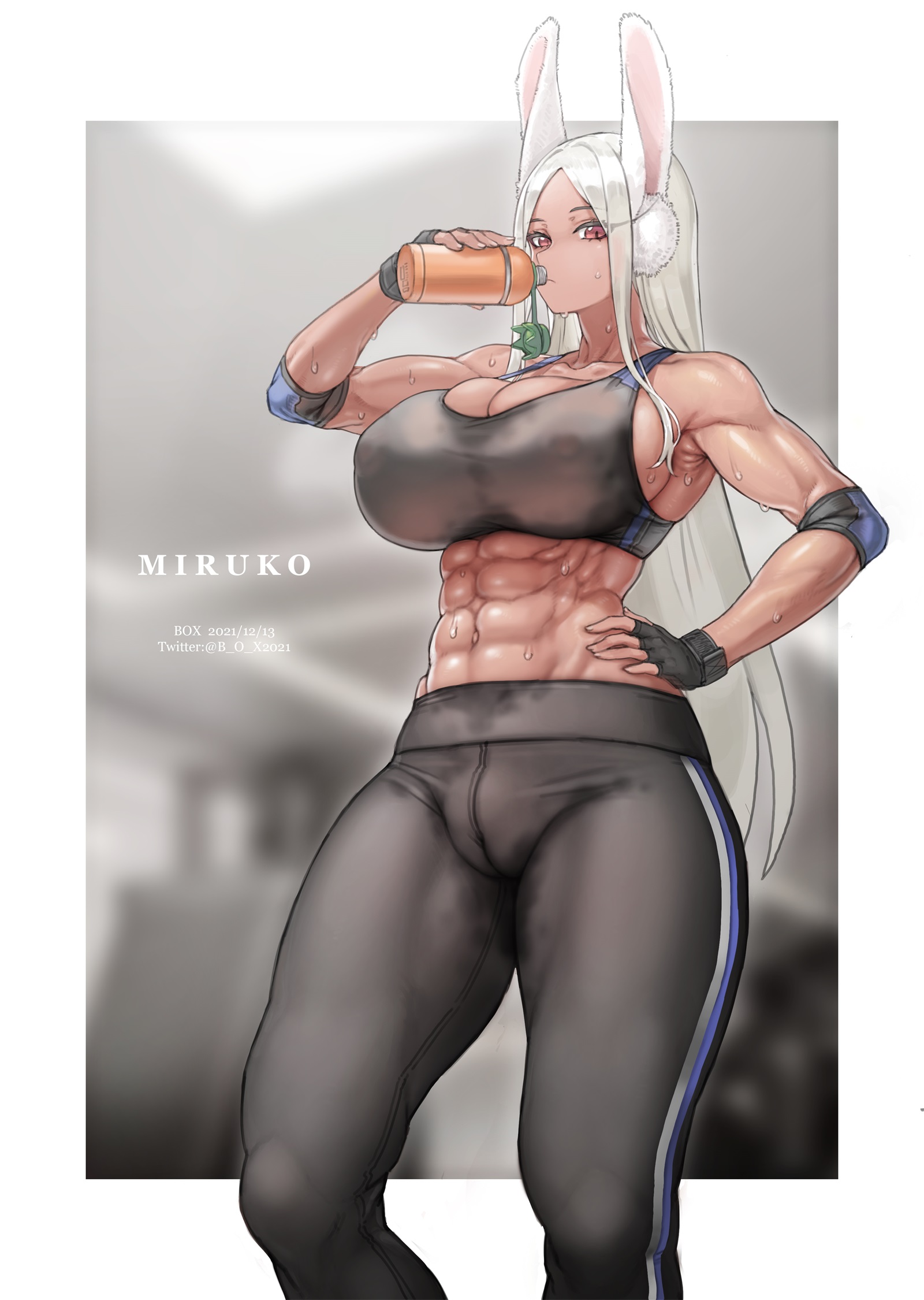abs, box20502017, breasts, dark skin, dark-skinned female, female, gym, huge breasts, miruko, muscular, muscular female, my hero academia, nipple bulge, rumi usagiyama