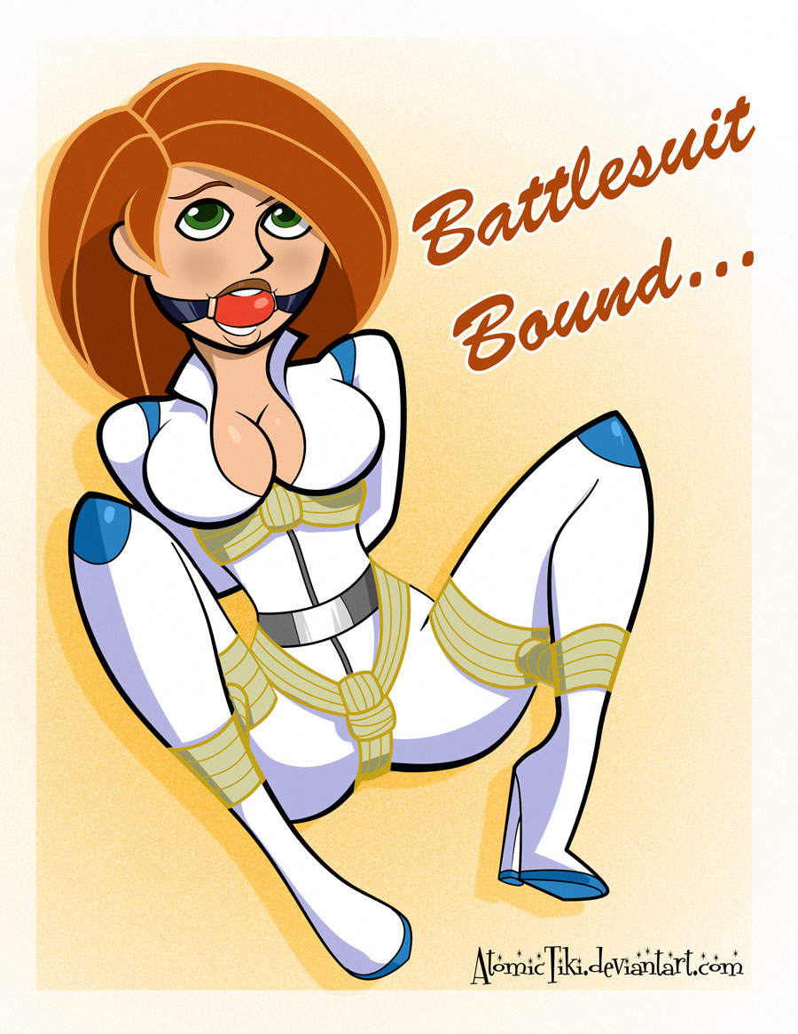 1girls 2010s 2013 arms_behind_back atomictiki ball_gag bodysuit bondage bound breasts brown_hair cleavage clothing crotch_rope deviantart_username disney disney_channel english_text eyes female female_focus female_only femsub gag gagged green_eyes hair hands_behind_back high_heels human human_only kim_possible kimberly_ann_possible legs_apart light-skinned_female light_skin looking_up open_eyes rope rope_bondage rubber_suit sitting sitting_on_ground solo solo_female spread_legs text