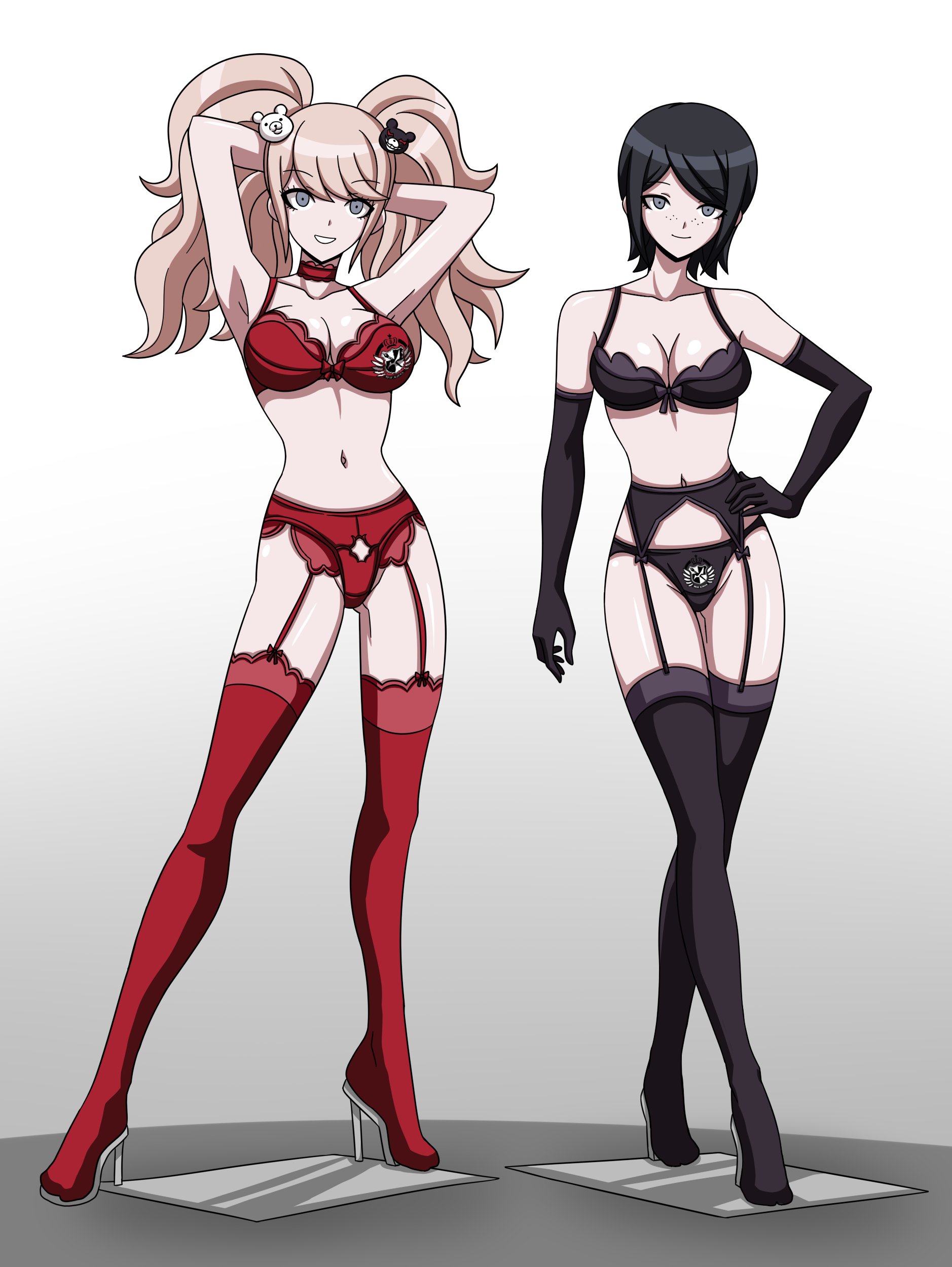 2girls, absurd res, alternate costume, armpits, arms up, big breasts, black bra, black elbow gloves, black garter belt, black garter straps, black lingerie, black panties, black stockings, boots, bra, breasts, choker, cleavage, danganronpa, danganronpa: trigger happy havoc, elbow gloves, electrickronos, female, female only, freckles, garter belt, garter straps, gloves, hand on hip, hands behind head, heels, hi res, high heels, hypnosis, junko enoshima, lingerie, long gloves, long hair, medium hair, mind control, mukuro ikusaba, panties, posing, red bra, red choker, red garter belt, red garter straps, red lingerie, red panties, red stockings, short hair, sisters, standing, stockings, straight hair, thigh boots, twins, twintails