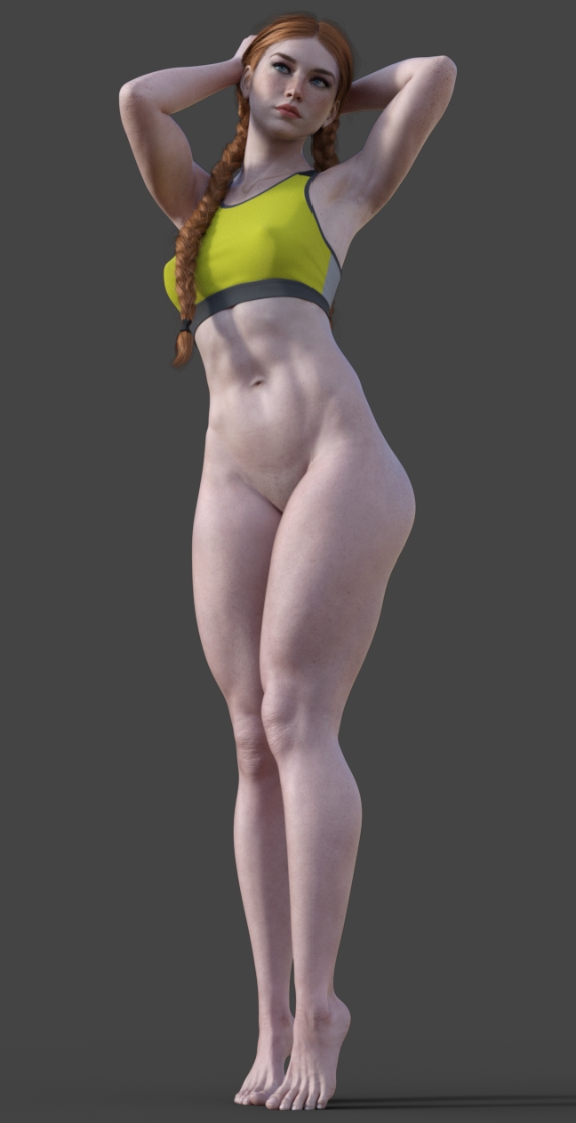 1girls 3d abs arms_up athletic_female bottomless bra braid female female_only ginger_hair gray_background grey_background no_panties orange_hair pale-skinned_female pale_skin quartergamer solid_color_background solo_female sports_bra standing wide_hips