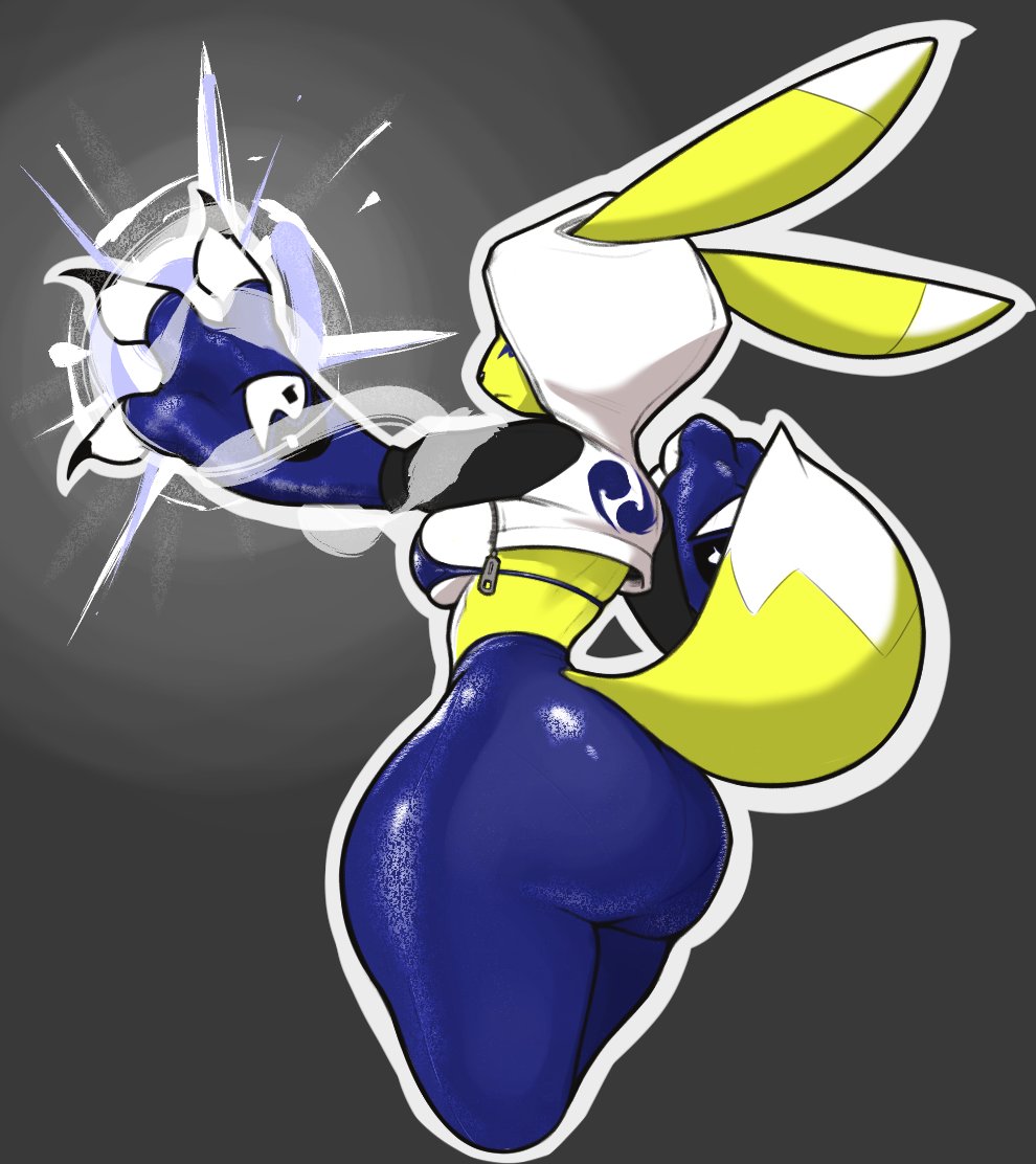 anthro armwear ass bandai_namco big_butt bottomwear bra breasts claws clothing conditional_dnp digimon digimon_(species) elbow_gloves female gloves handwear hood hoodie magic pants renamon side_boob solo spandex thick_thighs tight_clothing topwear underwear wide_hips xopachi yellow_body yin_yang