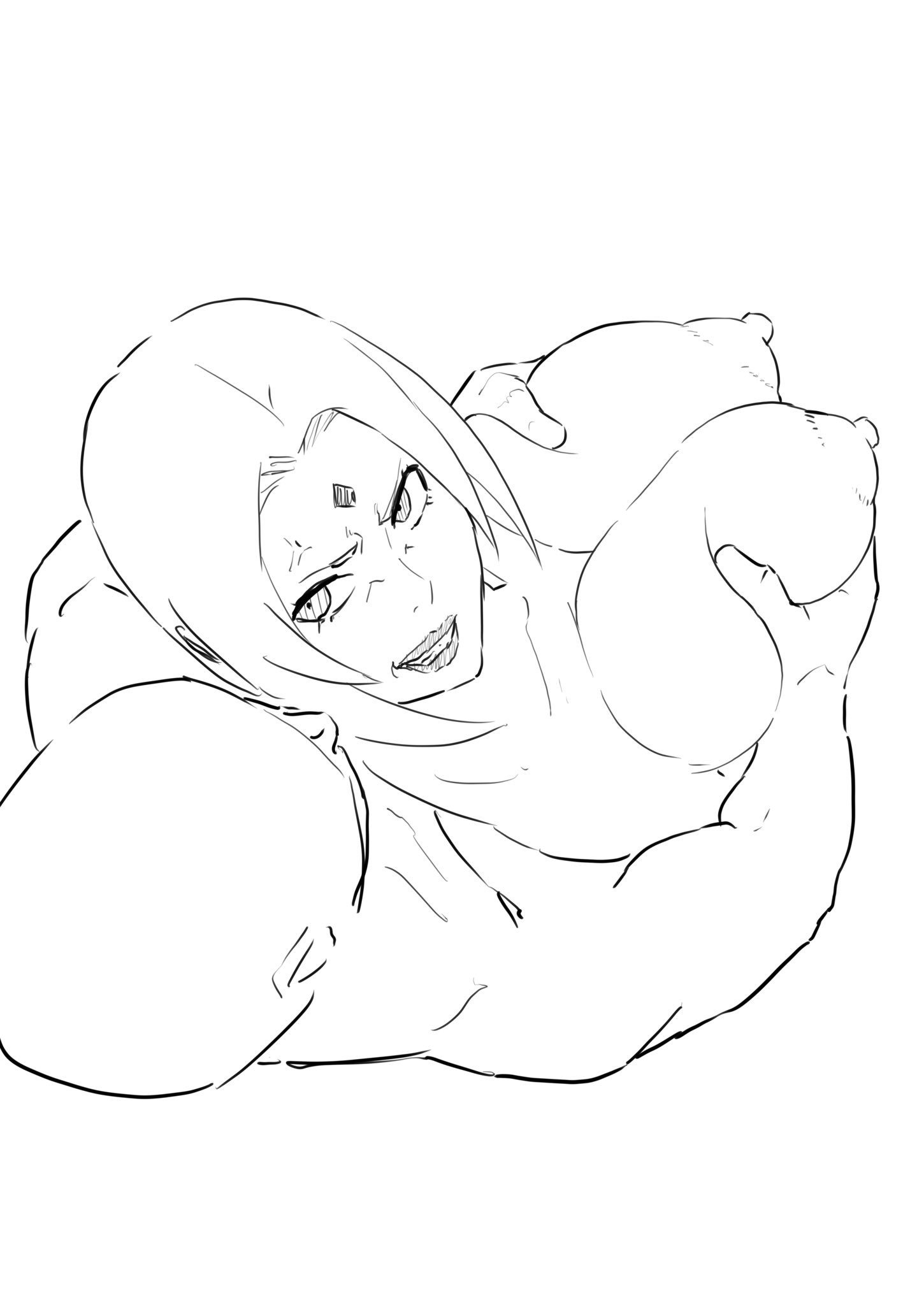 1girls, angry, angry face, big breasts, black and white, breast grab, breasts, female, grabbing from behind, iwao178, monochrome, naruto, naruto (series), naruto shippuden, nipples, tsunade